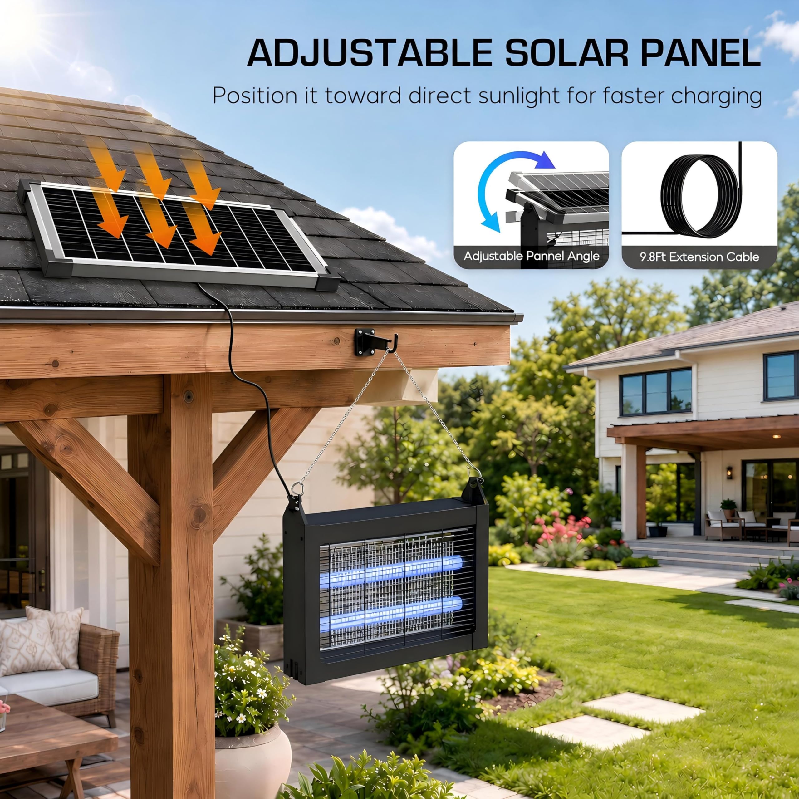 Matamoscas solar para exteriores, 4500 V, matamoscas para exteriores, con panel solar ajustable de 10 W, impermeable, recargable, portátil, trampa eléctrica para moscas para patio, jardín, patio