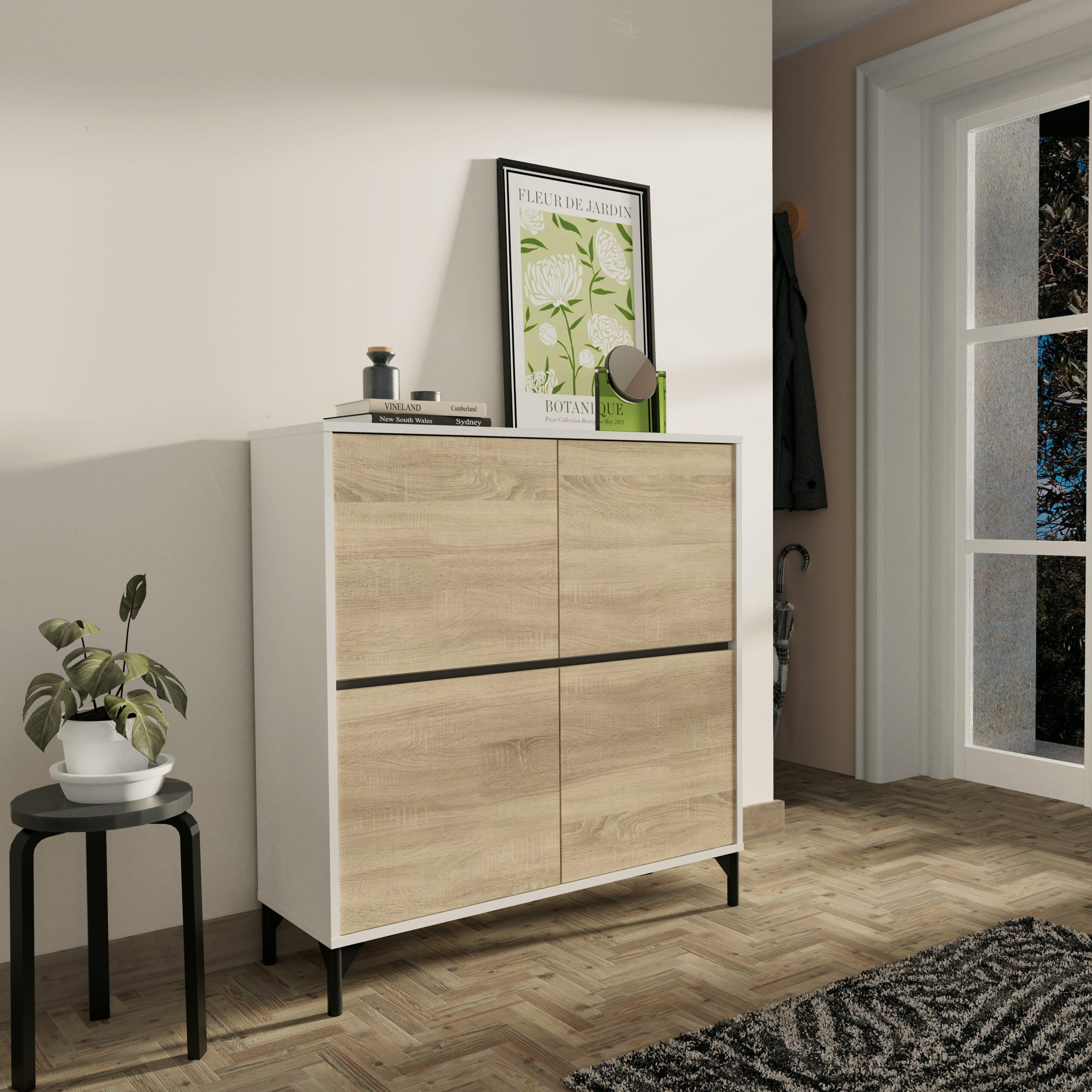 MUEBLES PITARCH | Recibidor Zapatero Mueble Auxiliar para Entrada con Patas, 4 Puertas, Blanco y Roble Cambrian, 20 Pares de Zapatos, Tallas Grandes, 101x96,5x33cm, Moderno, Industrial, Modelo Kioto