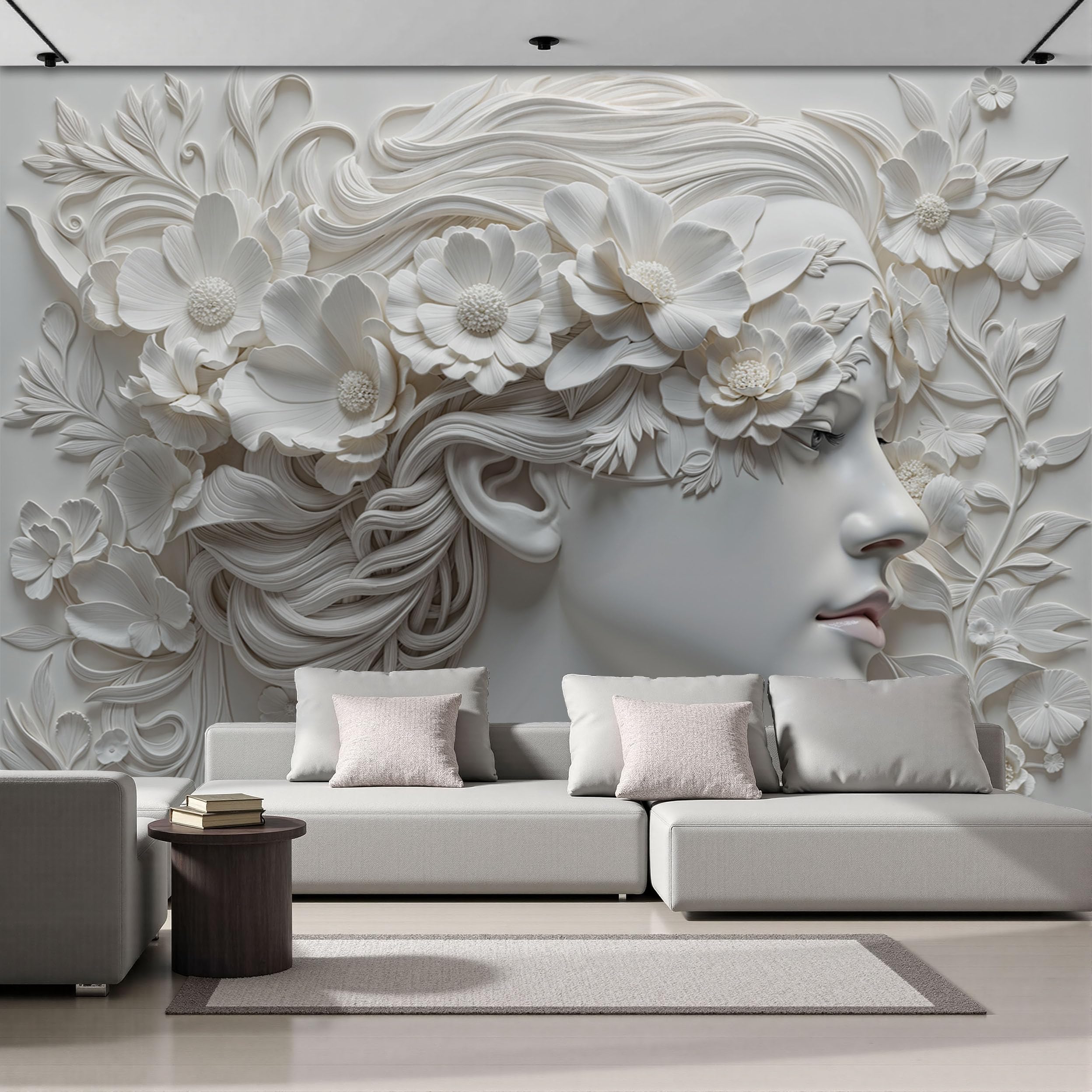 Carta da Parati Panoramica Ritratto 3D 450x315cm | Fiore sul profilo di una donna Foto Wallpaper Poster Gigante Design Bianco Murale Decor della Parete Soggiorno Camera da Letto