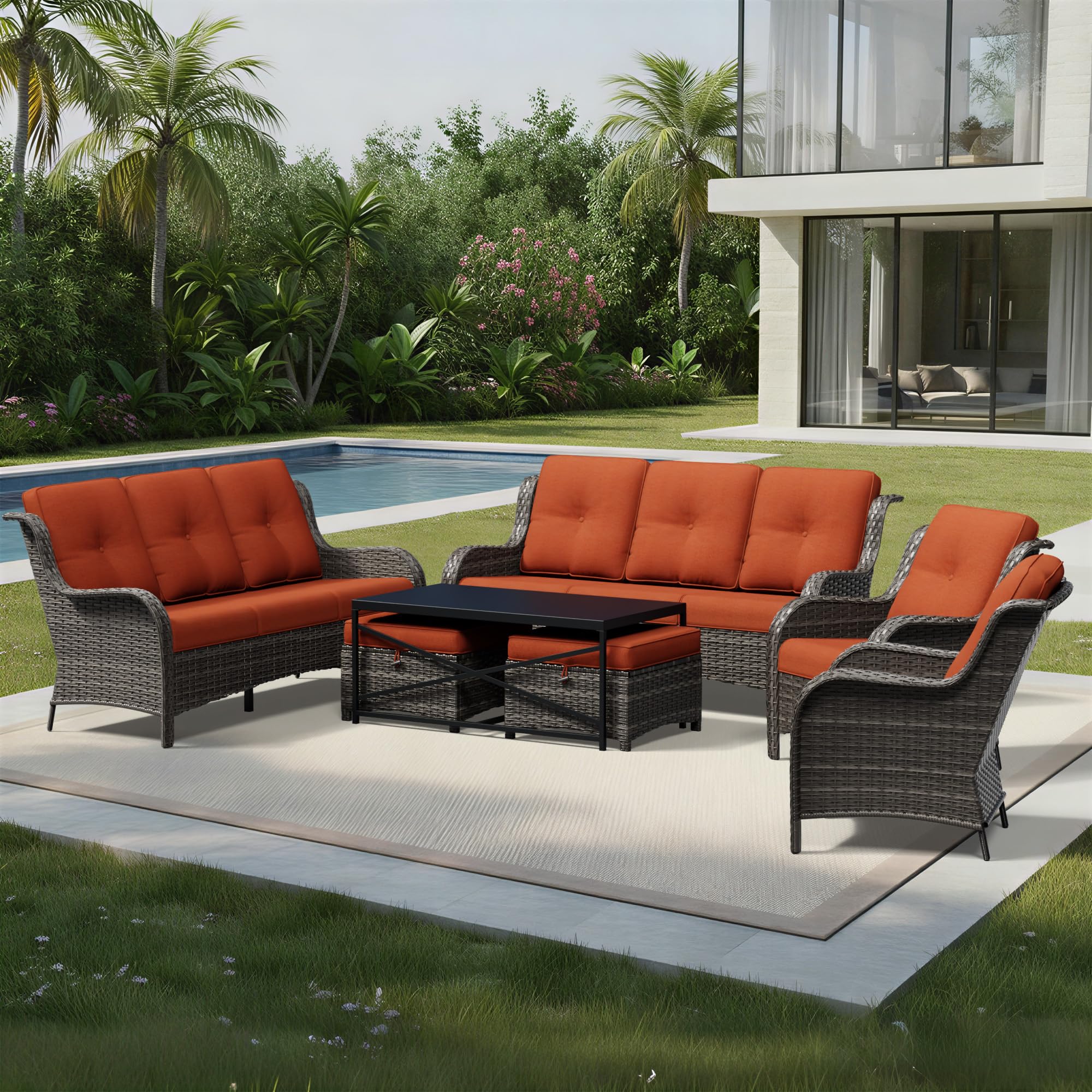 Joyside 7 Piece Wicker Patio Furniture Set, Rattan Patio Chairs with High Back, Deep Seating, Wide Armrest, Thickened Cushions, Outdoor Furniture for Deck, Porch Use