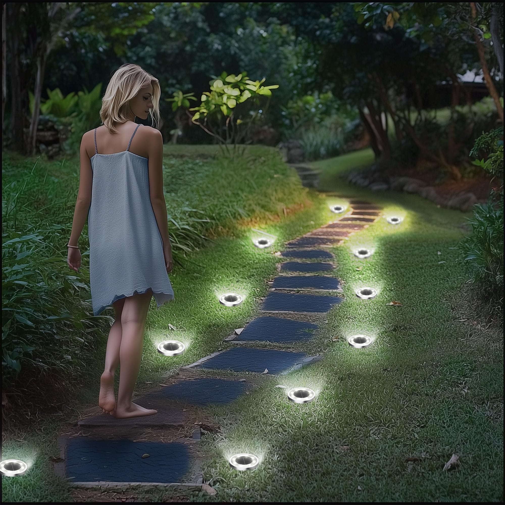 INCX Luces solares de suelo, paquete de 16 luces solares para exteriores, impermeables, luces solares de jardín, iluminación de paisaje para patio, camino, césped, terraza, entrada, pasarela, blanco