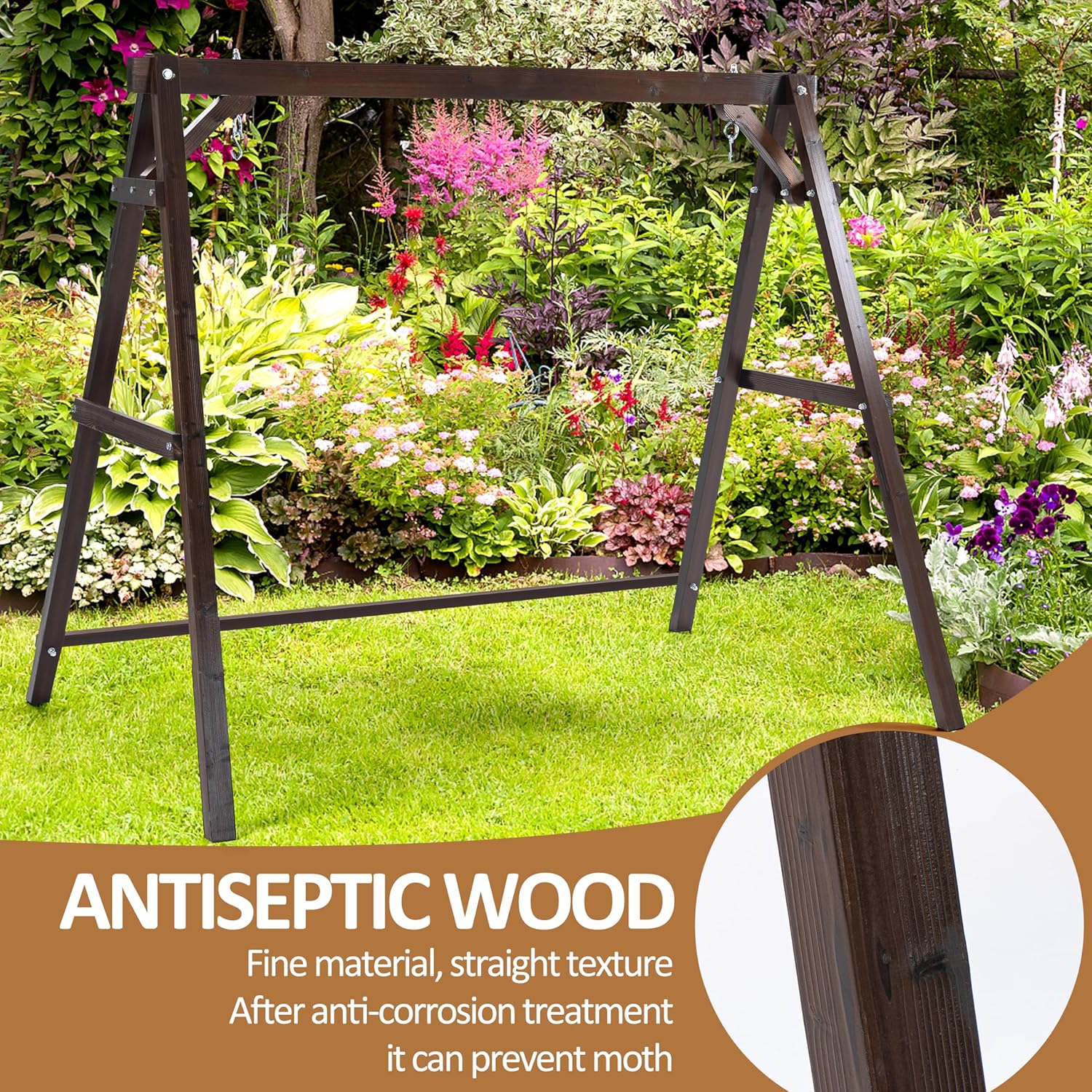 Finnhomy Outdoor 880 LBS Porch Swing Frame, Stable A-Frame Wooden Swing Stand with Extra Bottom Connection Board, Freestanding Porch Swing Frame for Porch Patio Garden Backyard (Rustic,Swing Frame)