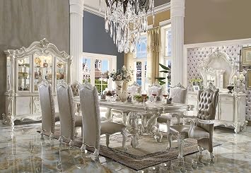 9-Piece Luxurious Formal Dining Table Set Kitchen Furniture Set Include 1 Extendable Dining Table, 6 Side Chairs and 2 Arm Chairs, Set for 8 Persons Bone White A