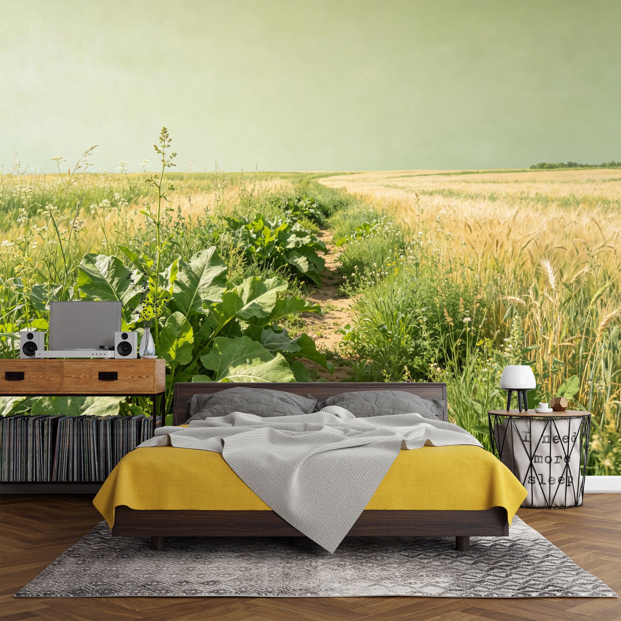 Custom Size Wall Mural， Landscape Wheat Field Path Green Plants Countryside Horizon，SelfAdhesive Art Prints wall Fabric (No PVC) Removable Wallpaper Living Room Decor
