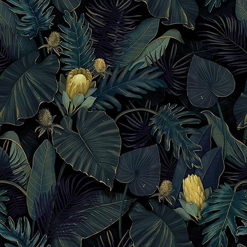 Tropics Plantas - Papel tapiz floral para despegar y pegar, 17.71 x 236.2 pulgadas, autoadhesivo, extraíble, negro, verde oscuro, amarillo, papel de