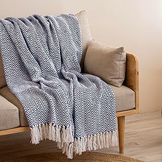 HOMEMONDE Premium Cotton Woven Throw for Sofa, Couch, Bed, Chair Decoration with Soft Fringes, 50 X 60 Inches - Blue Chevron, 200 tc