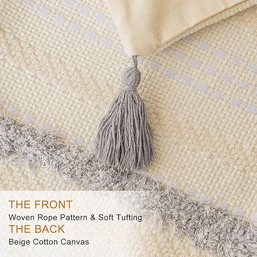 Miniatura 8 de Juego de 2 fundas de almohada bohemias de 12 x 20 pulgadas, fundas de almohada tejidas copetudas con borlas y rayas texturizadas, fundas de cojín