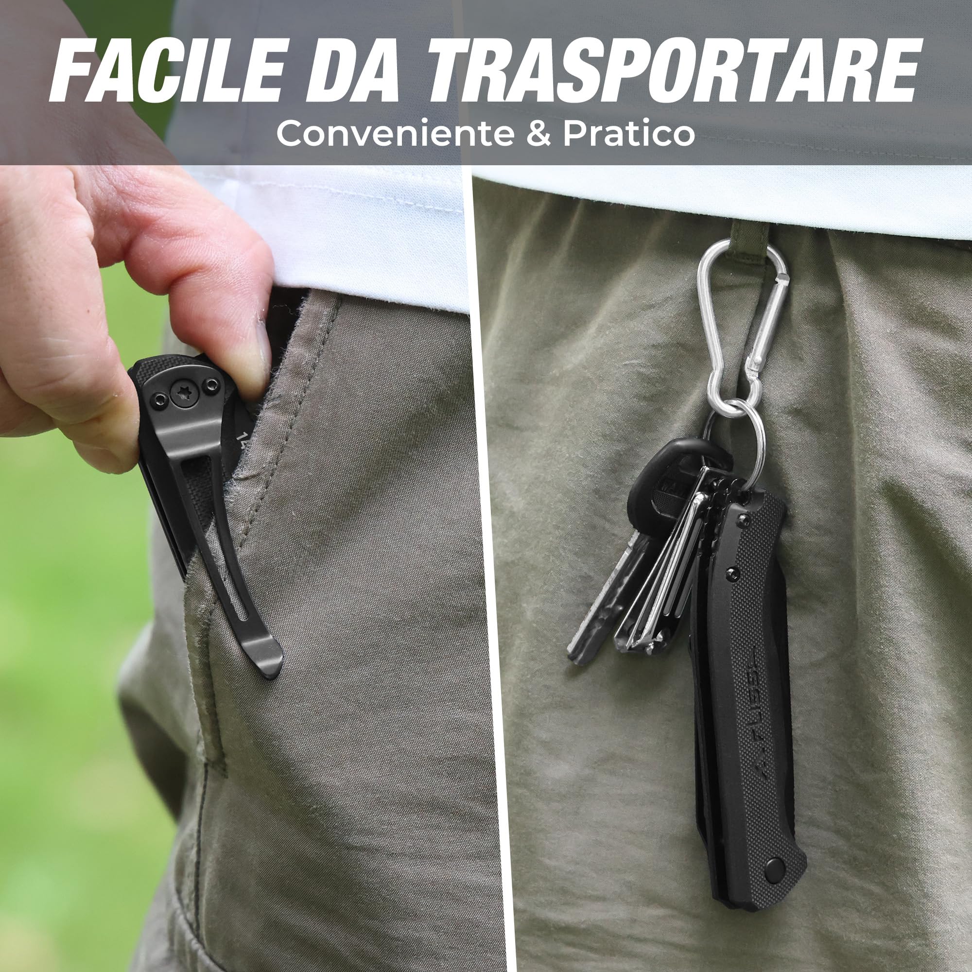 FLISSA Coltello Tascabile con Manico in G10, Lama in Acciaio 14C28N, Lavorazione CNC, Clip da Cintura, Compatto e Portatile per Campeggio, Attività Outdoor e Uso Quotidiano