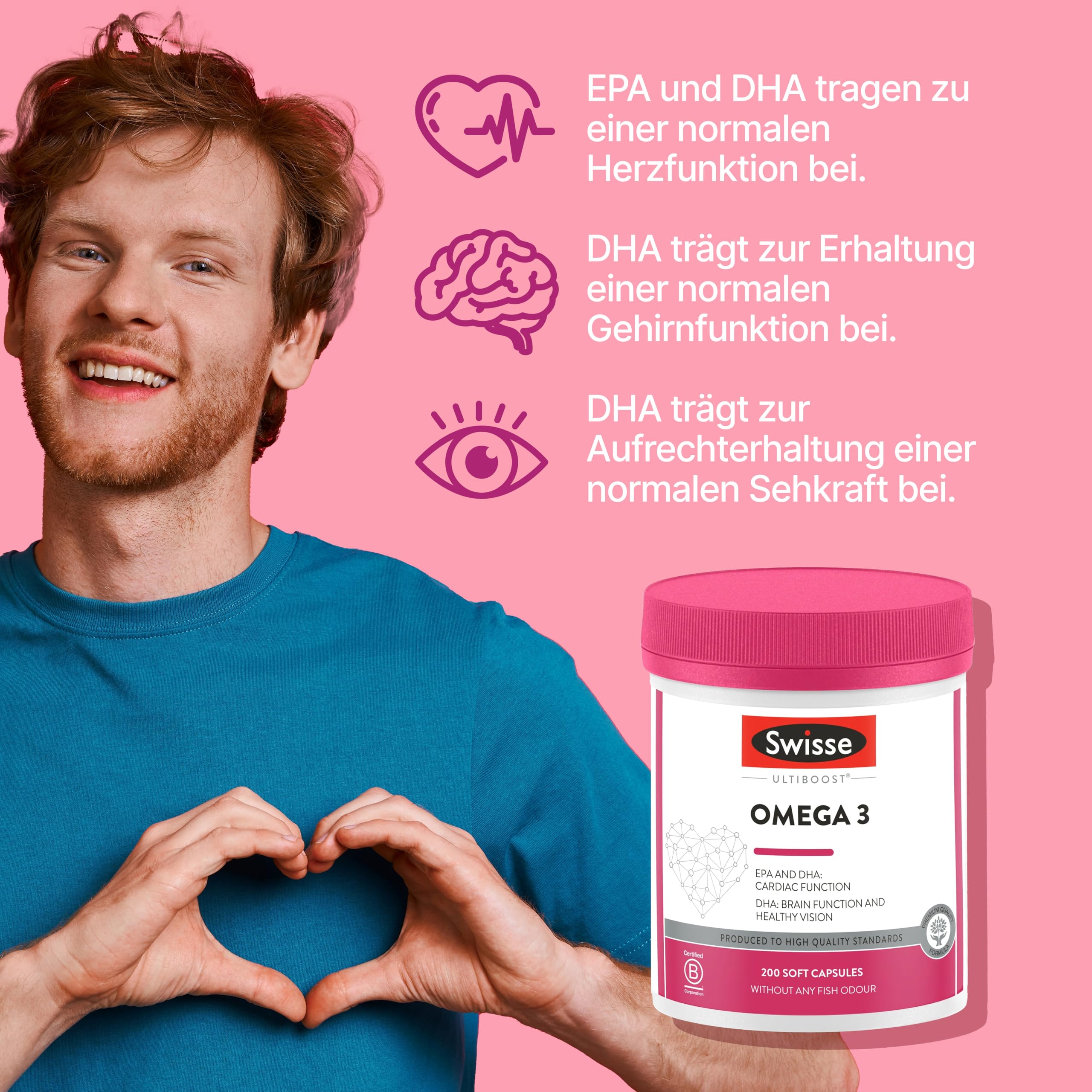 SWISSE – Omega 3 Kapseln, IFOS 5-Sterne-Zertifiziert, 200 Weichkapseln mit 3000mg Fischöl, Vitamin E, 466mg EPA & 270mg DHA pro Tagesdosis, Nahrungsergänzungsmittel für Herz und Gehirn, Made in Italy