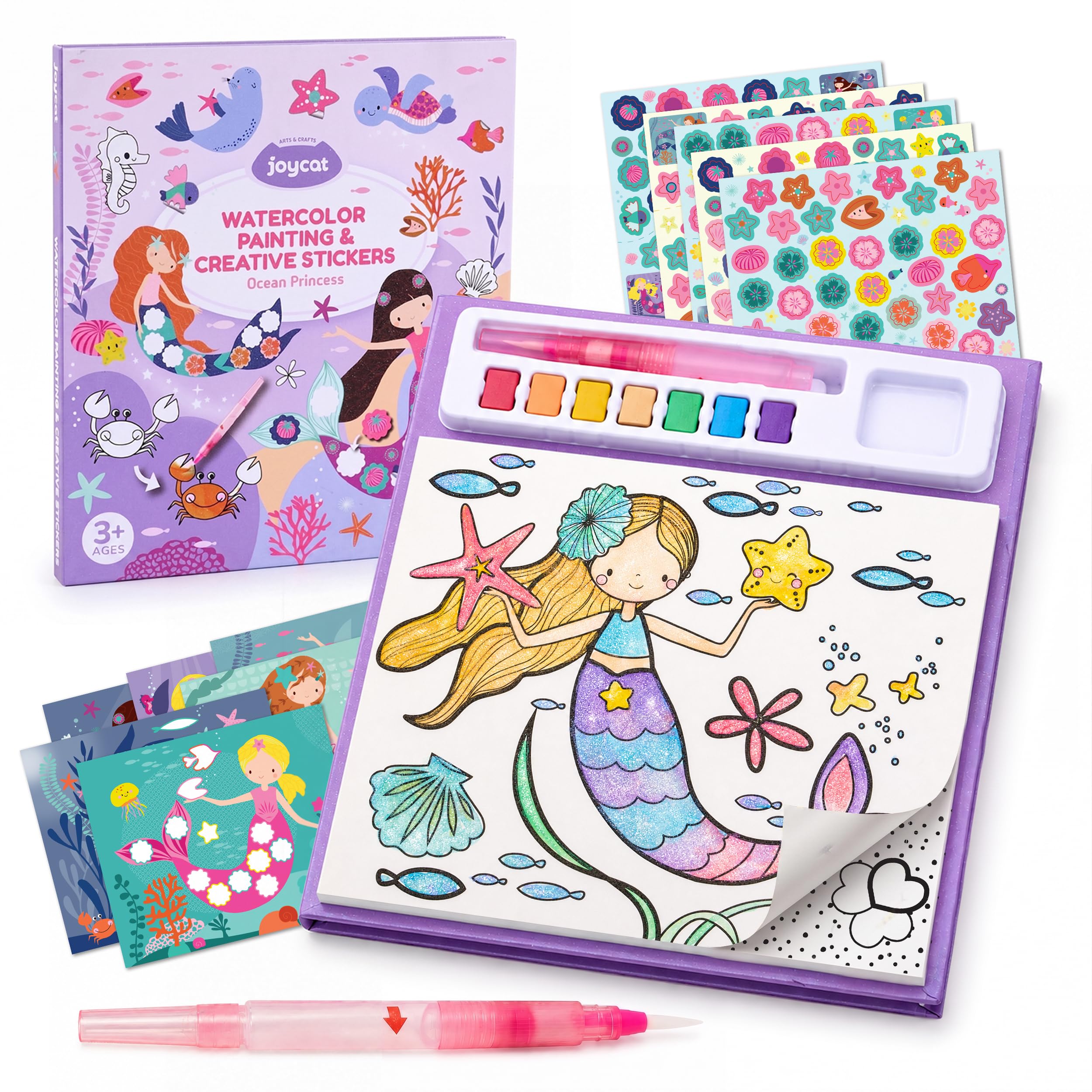 JoyCat Paint with Water Coloring Books & Creative Sticker(Ocean Princess) | Watercolor & Sticker Activity - 200 Pcs Stickers for Kids, Toddler Painting Set, Art & Craft Travel Toy Gifts for Boys Girls