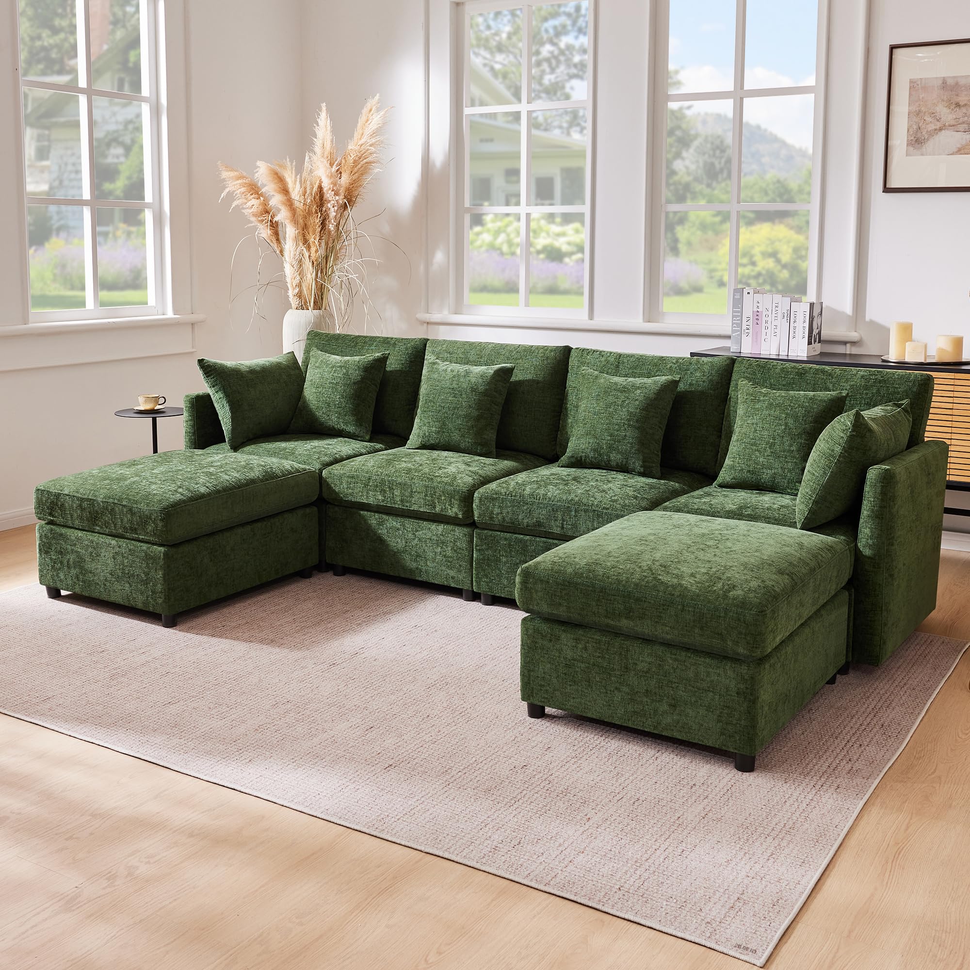 Sofá esquinero Convertible 278cm Sofá Modular 4 Plazas con Puf y Cojines Desmontables Gran Sofá en Forma de U, Revestimiento de Tela Chenille, Ideal para Salón y Apartamento, Verde