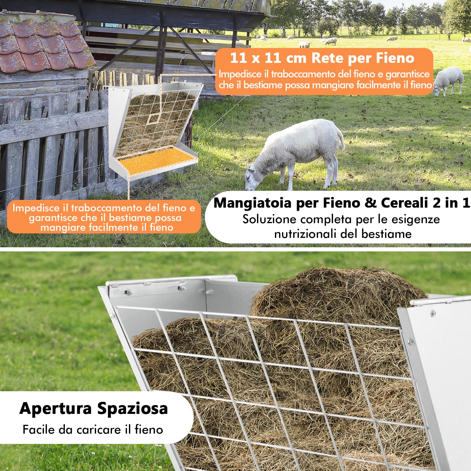 GYMAX Rastrelliera per Fieno da Parete, 2-in-1 Mangiatoia per Fieno e Grano con Ganci Doppi Regolabili, Foraggio in Metallo Zincato Pesante, Mangiatoia Sospesa per Recinto Stalla Fattoria