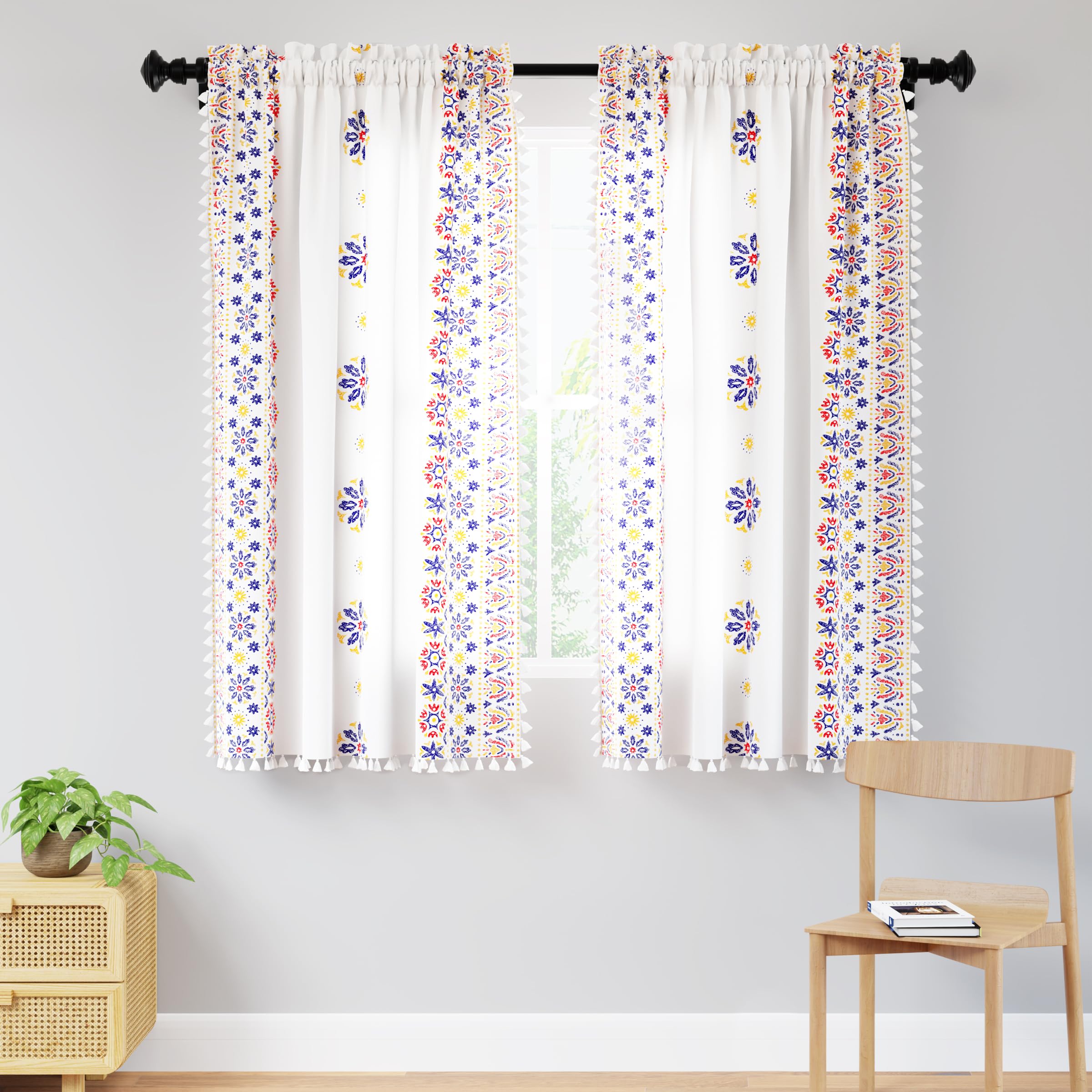 Encasa XO Polyester Boho Semi Sheer Rod Pocket Printed Curtains For Window In Bedroom&Living Room(Set Of 2)- Boho Bright-Curtain With Tassels&Bohemian Design-5 Ft,Multicolor
