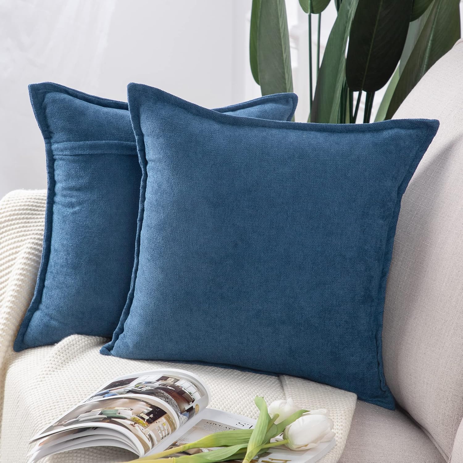 MADIZZ Set of 2 Short Chenille Throw Pillow Covers 18x18 Inch Denim