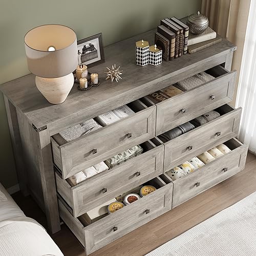 Miniatura 4 de Cómoda de 6 cajones, cofre de almacenamiento de madera moderno con cajones, soporte de TV para cómoda, organizador de cajones de madera con manijas