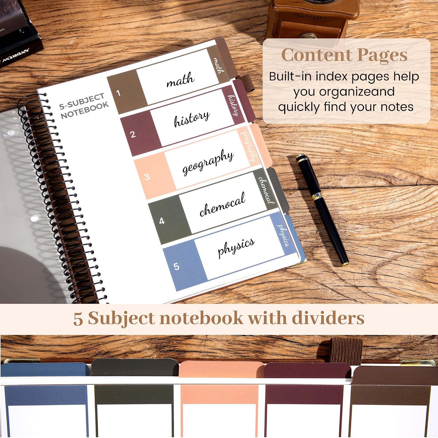 5 Subject Notebook with Dividers, Leather Spiral Journal, 8.5x11, Brown image 3