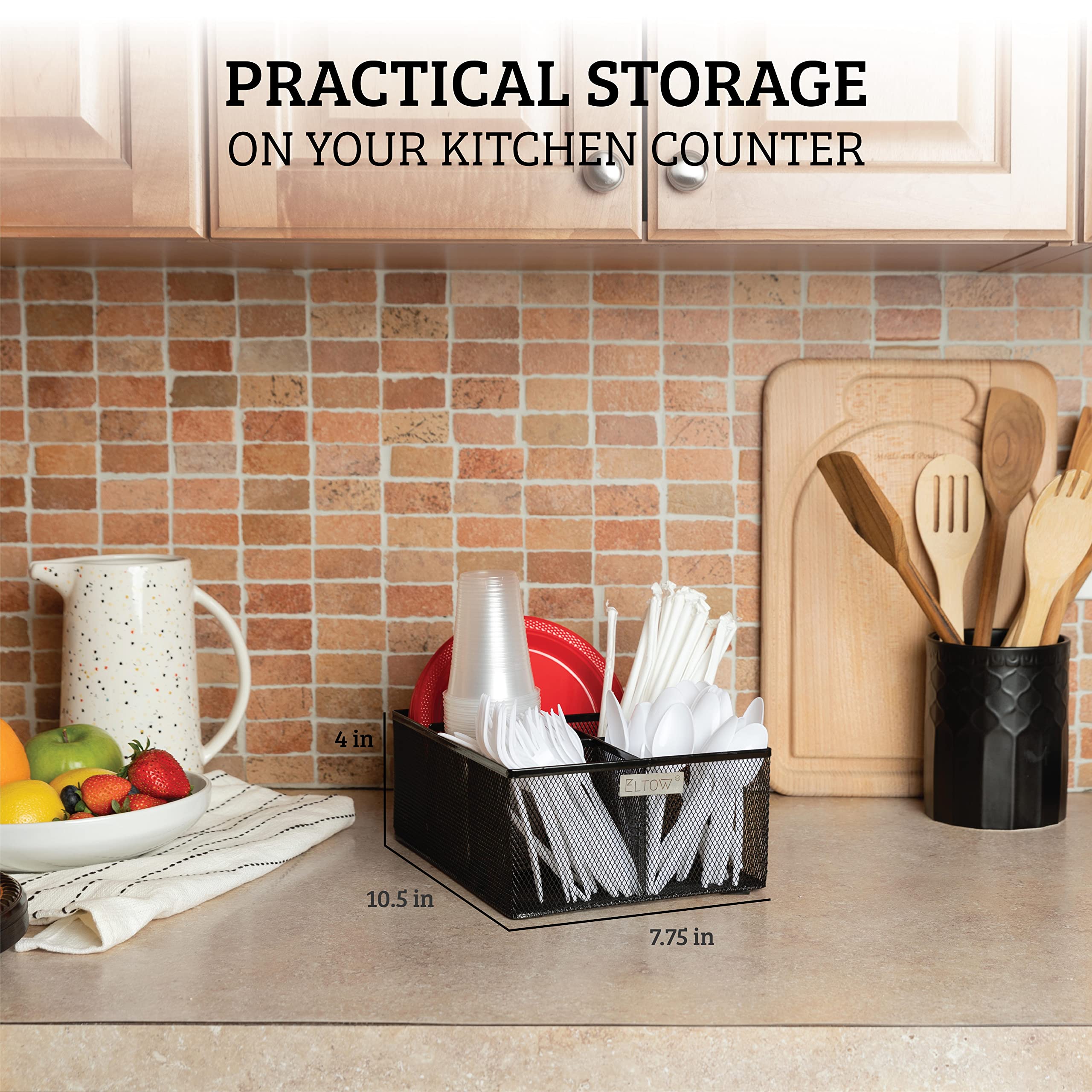 ELTOW Countertop Silverware Caddy, 5 Compartment Cutlery Holder Caddy for 7� Plates, Plastic Cups, Forks, Spoons, Napkins, Condiments, Perfect Plastic Utensil Holder for Party, Picnic, Home, RV