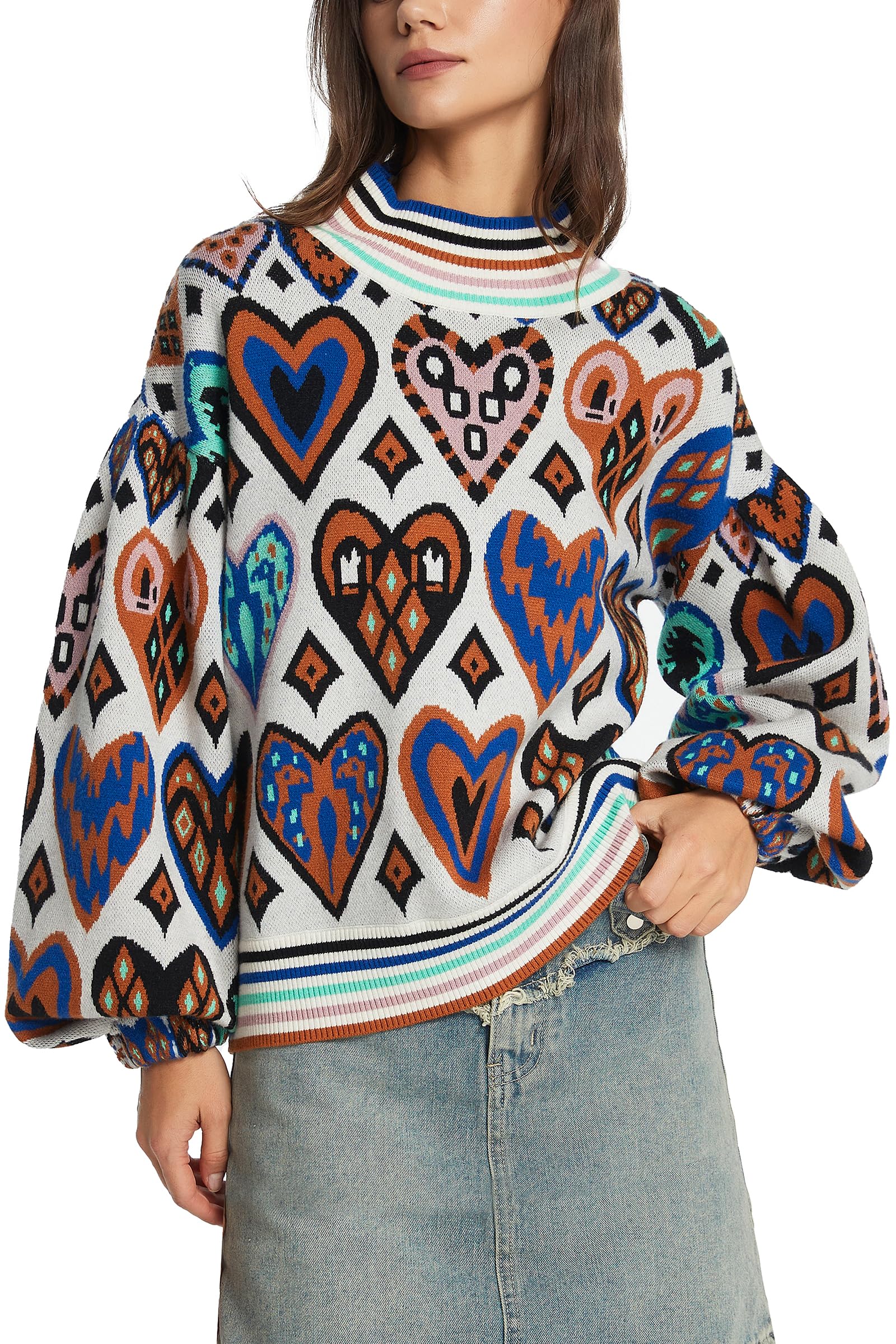 D-Sun Women Long Sleeve Printed Sweater Mock Neck Heart Printed Pullover Sweater Fashion Color Block Knit Ribbed Jumper