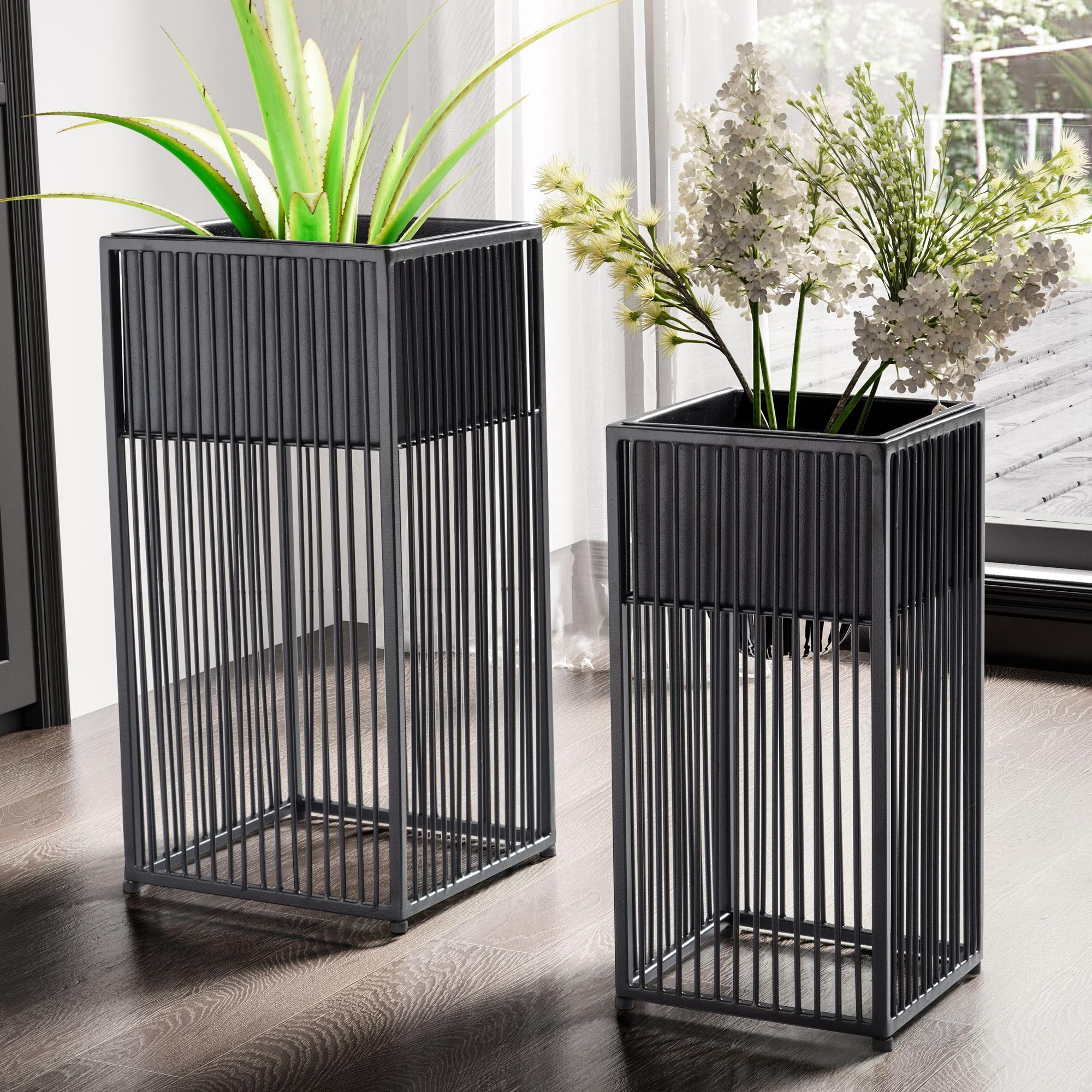 FineBuy Blumentopf 2er Set Metall Schwarz mit Gestell, Quadratisch