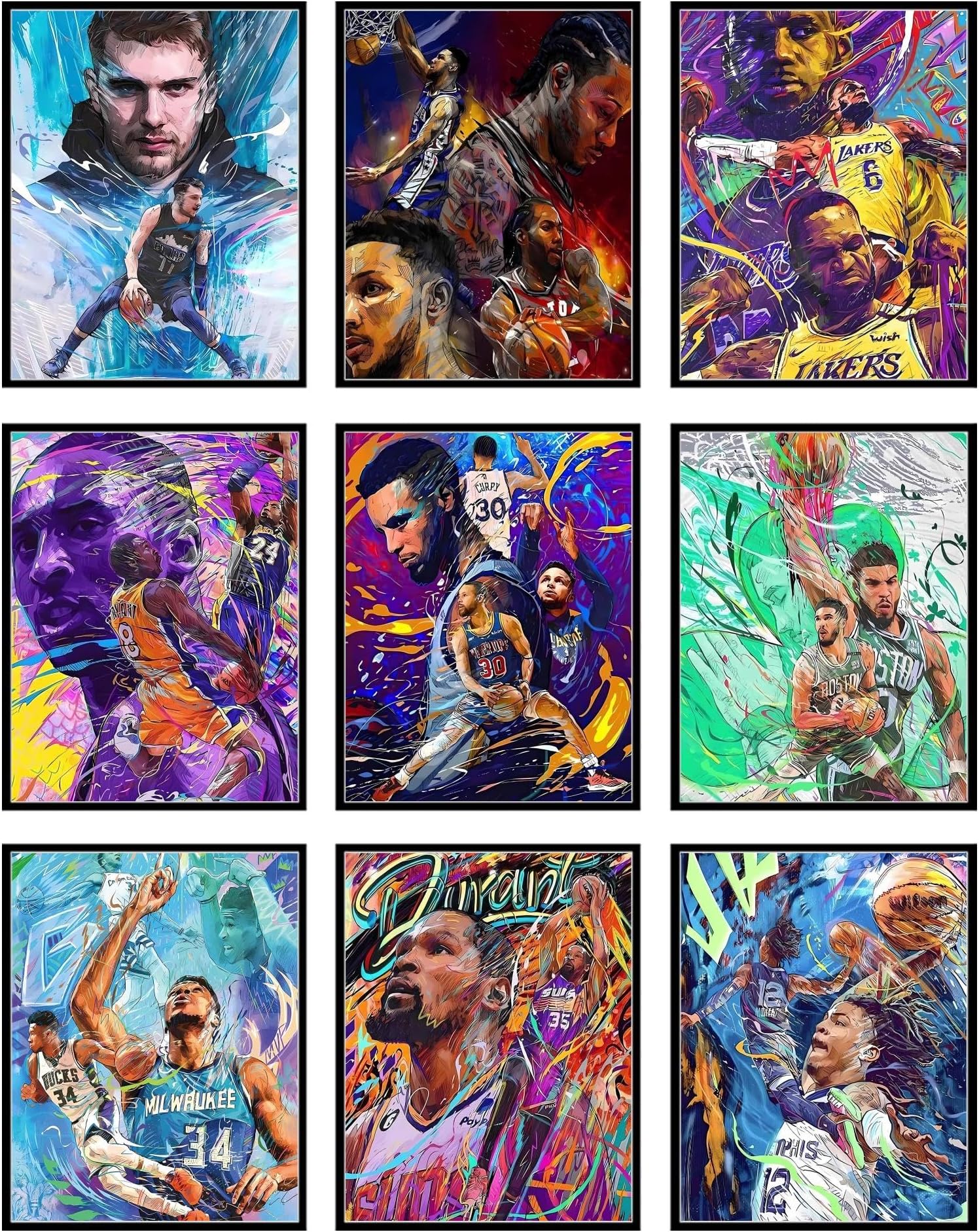 BigWig Prints Basketball Posters for Boys Room NBA Art Sports Wall Decor Kobe Bryant Lebron James Steph Curry Kawhi Leonard Set of 9 (unframed, 8x10 inches)