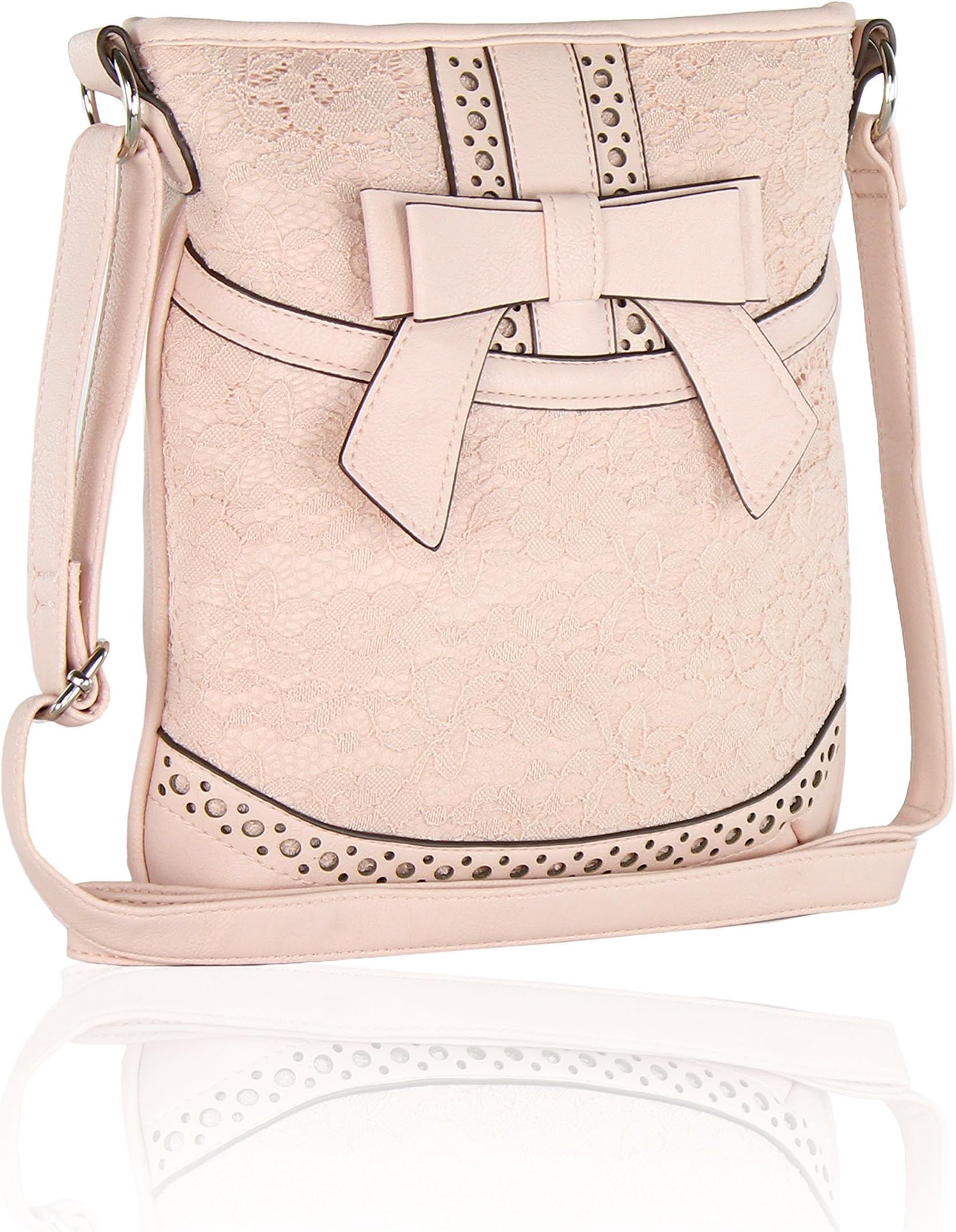 Cute Faux Leather Crossbody Bag-Lace Purse with Bow Accent and Adjustable Strap