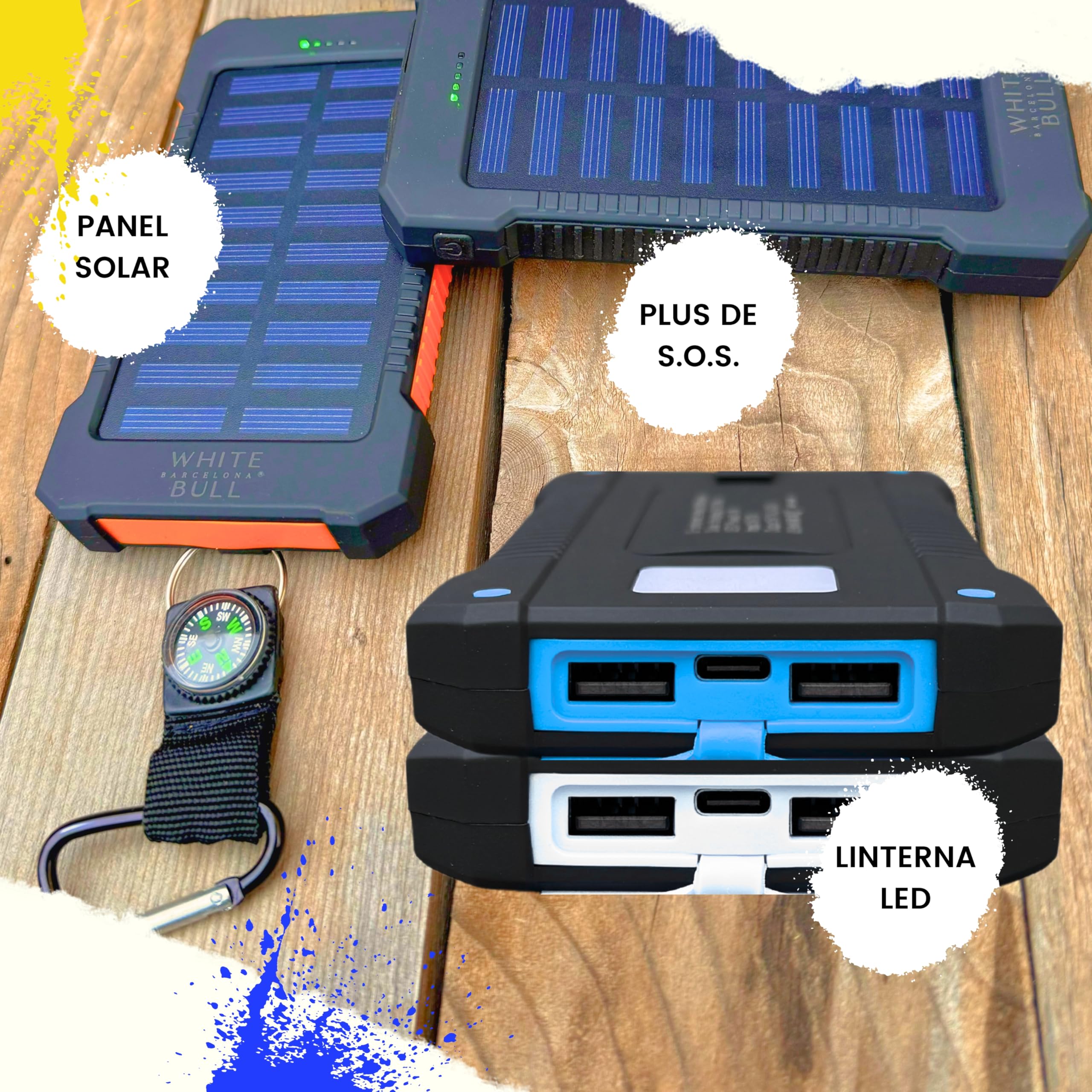 Batería Externa Carga Rápida 20000mAh con Panel Solar y Linterna LED | Power Bank IPX4 Ligera Resistente 2+1 Puertos Cable USB C Universal Mosquetón Brújula | Cargador 2025 Powerbank Portátil Móvil