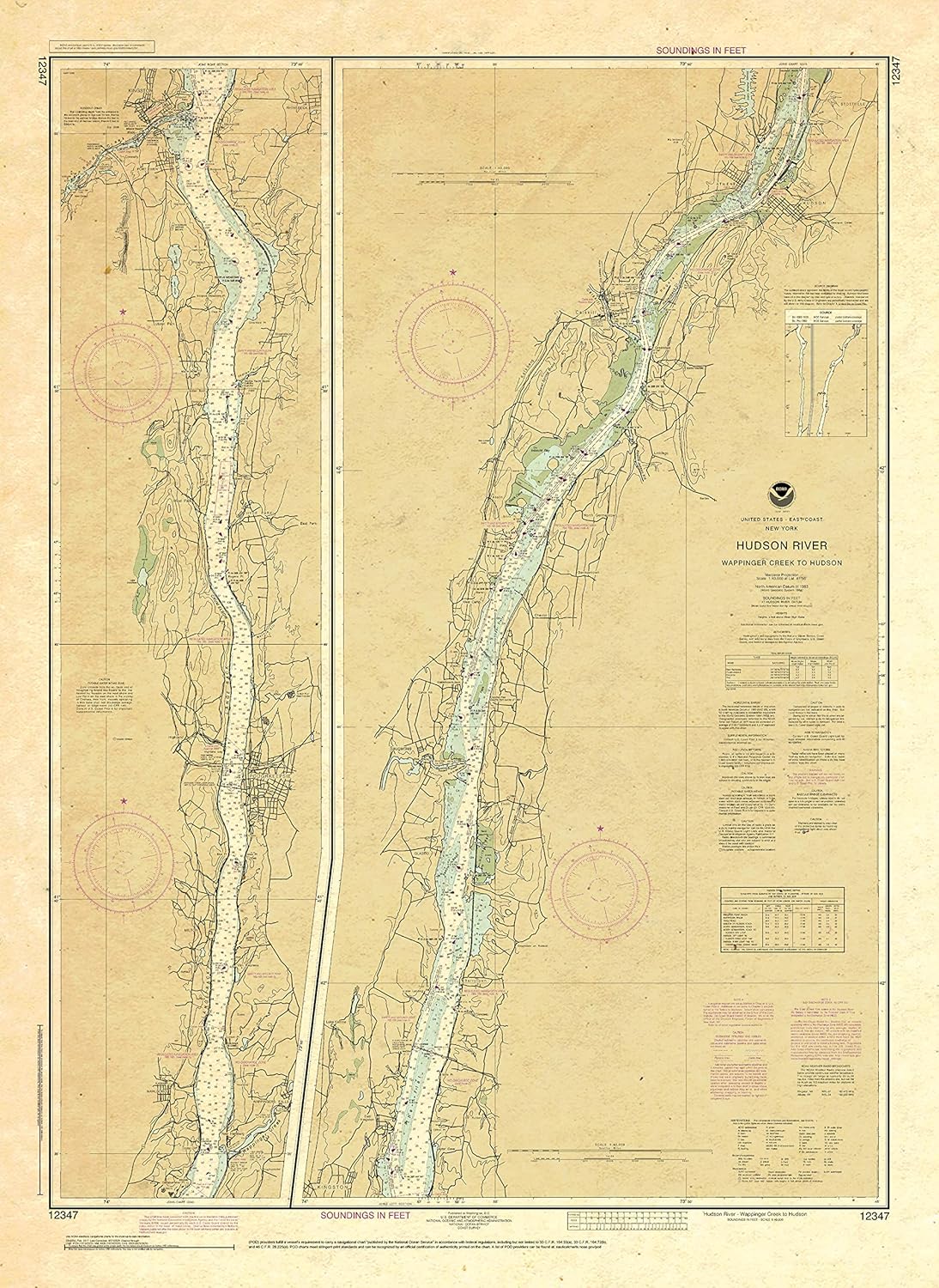 Paradise Cay Publications Antiqued NOAA Chart 12347: Hudson River Wappinger Creek to Hudson