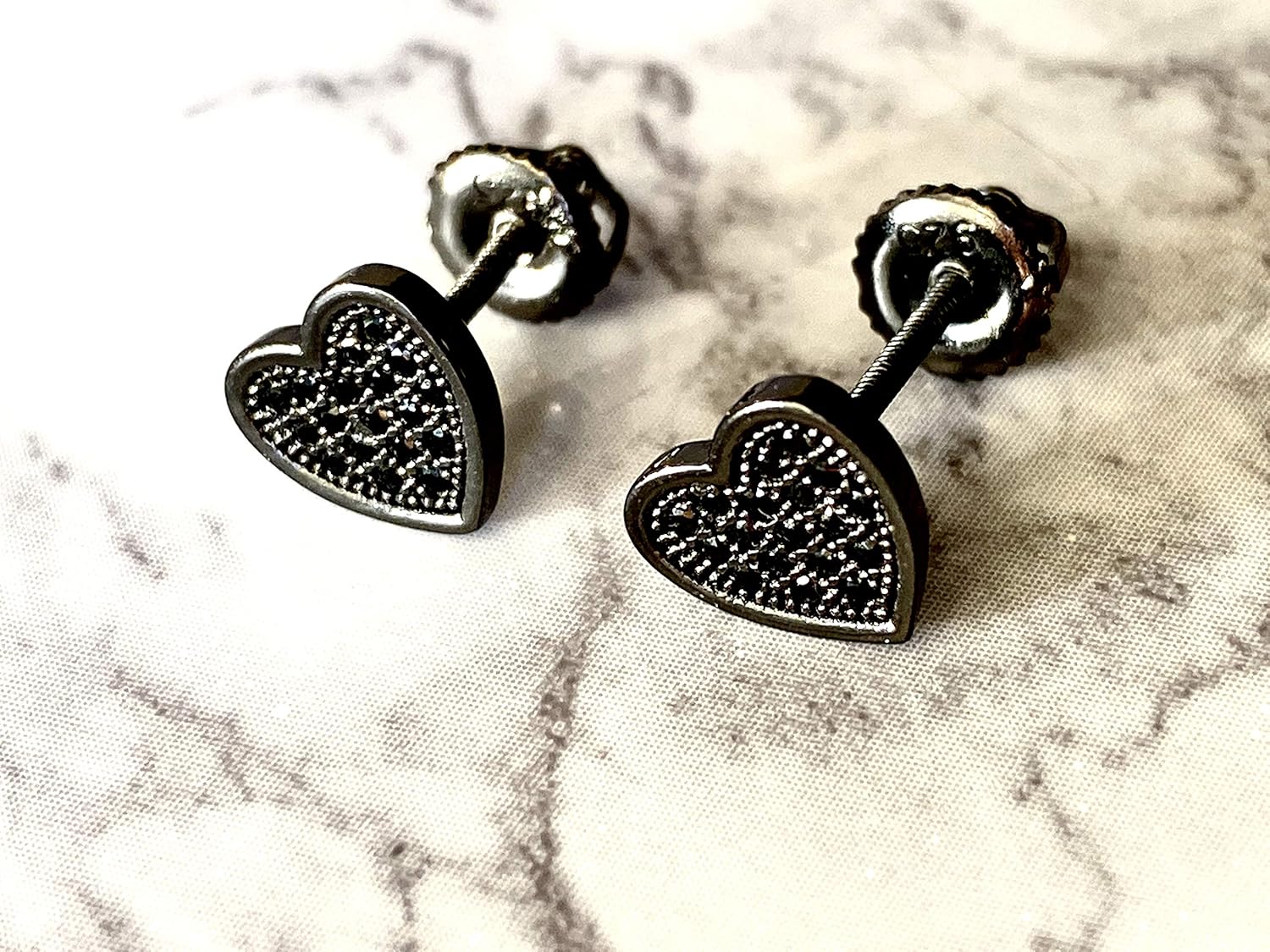 Mens Ladies Black Over Silver Lab Diamond Heart Earrings Screw Back Studs Iced Out aretes para hombre - Men's Earrings, Screw Back, Men's Jewelry, Hip hop Earring