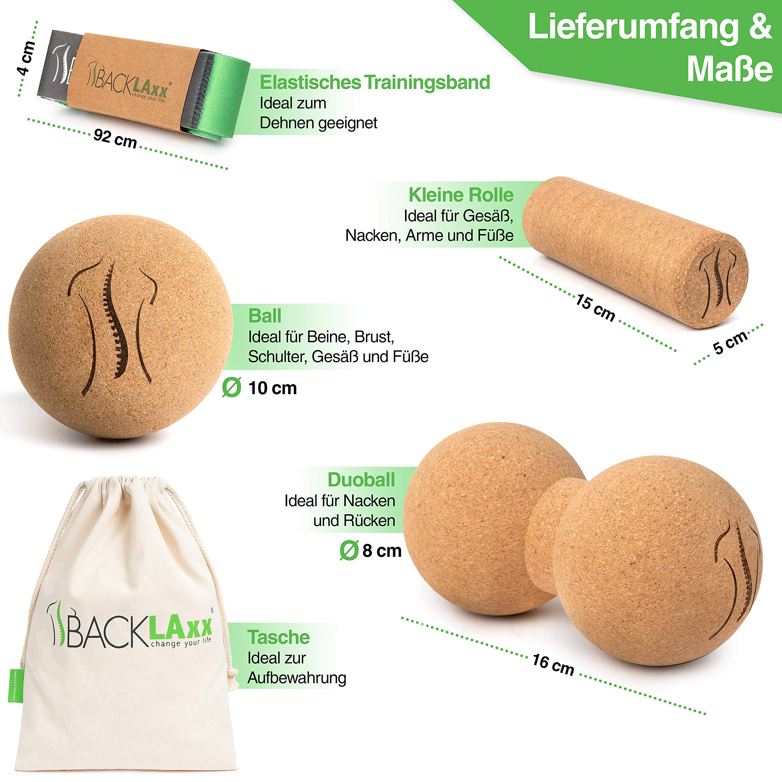 BACKLAXX ® Faszienrolle Set aus Kork – Faszienball und Massageball, Faszienrolle klein, Faszienrolle Fuß, Faszien Duoball - schadstofffrei, antibakteriell inkl. Videos – Faszien Set, Massage Set