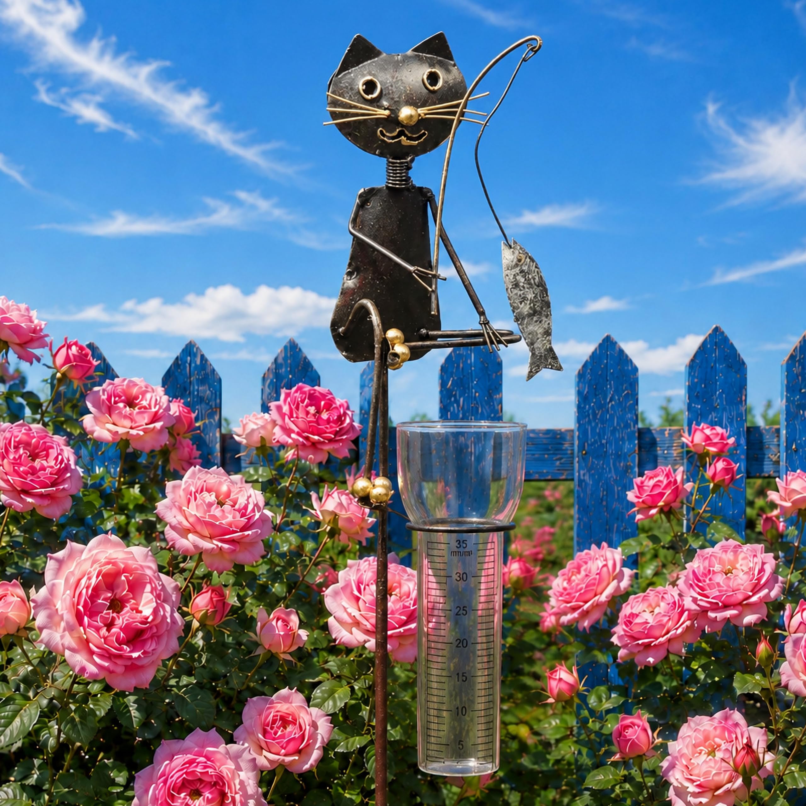 Pommerntraum ®| Regenmesser Ombrometer Katzen Gartendekoration Geschenkidee | Niederschlagsmesser Pluviometer Gartendeko Gartenstecker Katzenfigur Gartenfigur Gartenaccessoires (Katze Kater angelt Fisch)