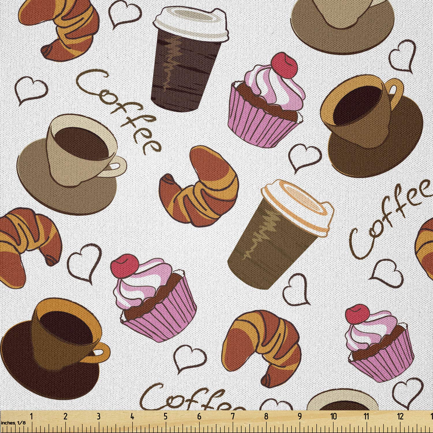 Lunarable Coffee Fabric by The Yard, Coffee Cups Takeaways and Sweets Cherry Cupcake Croissant American Breakfast Culture, Microfiber Fabric for Arts and Crafts Textiles &amp; Decor, 1 Yard, Brown