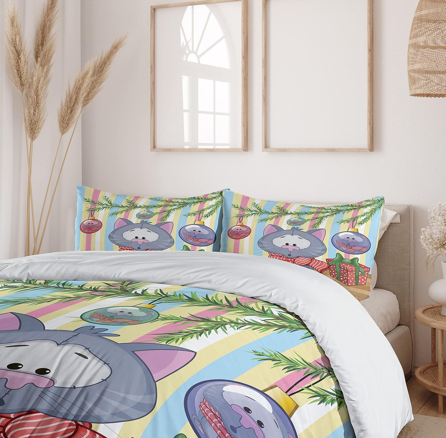 Ambesonne Christmas Duvet Cover Set, Kitten with Scarf Under The Tree with Ball Celebration and Gift Box Cat Themed, Decorative 3 Piece Bedding Set with 2 Pillow Shams, Queen Size, Pink Blue