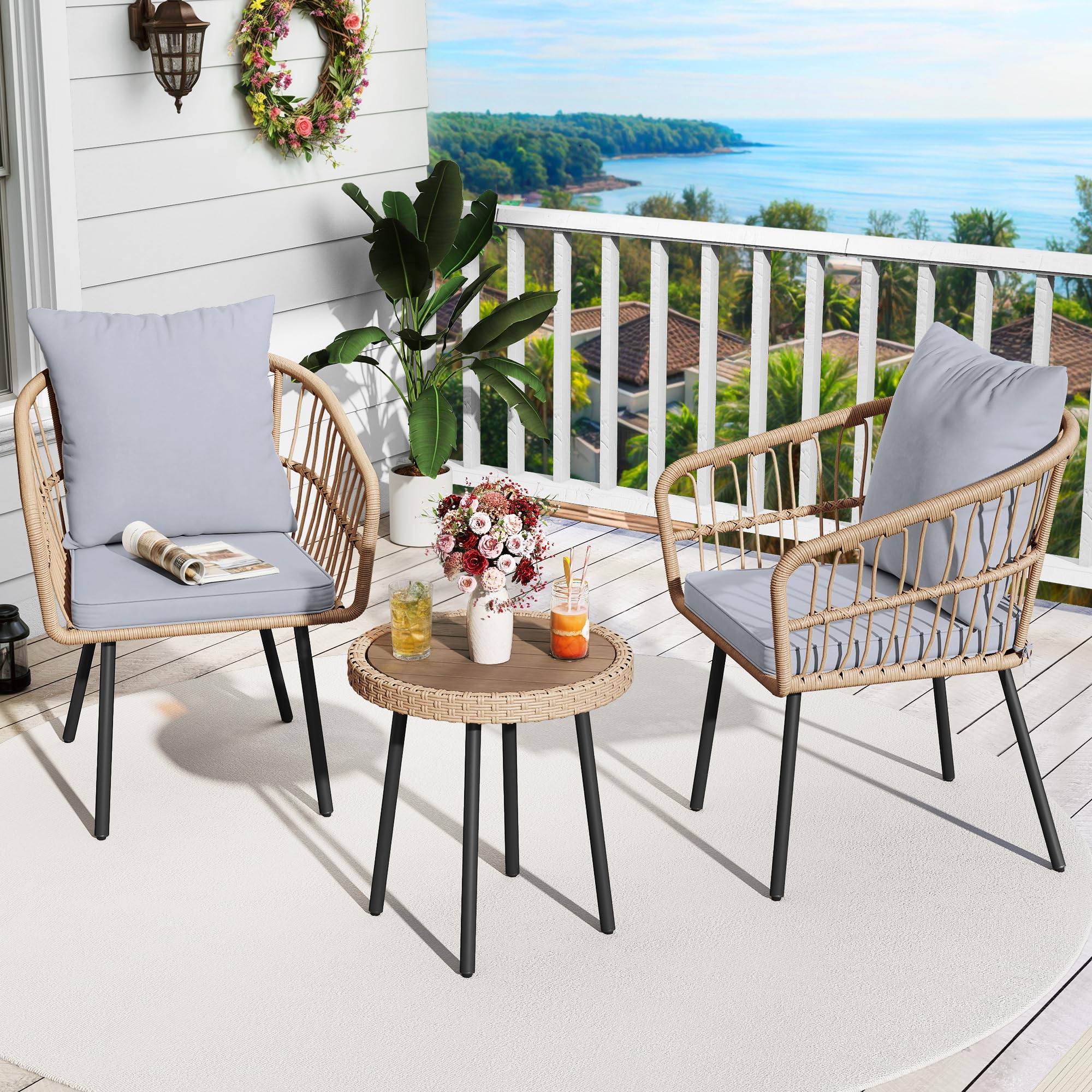 YITAHOME 3 Piece Bistro Set Outdoor with Thick Cushions&Table All-Weather Wicker Patio Furniture Set with Armrest Rattan Conversation Set for Balcony,