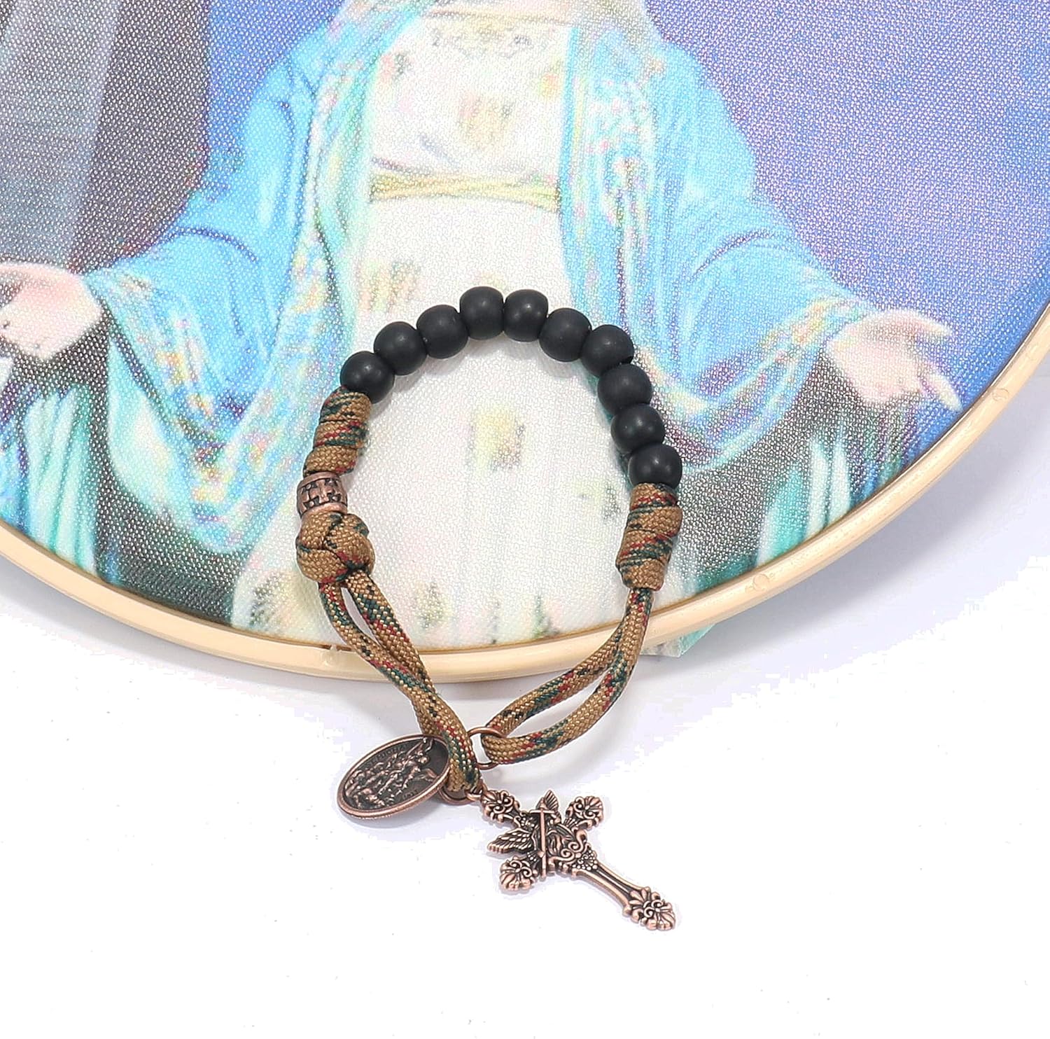 Nazareth Store Strong One Decade Paracord Rosary Black Beads Pocket Car Rosary St Michael Medal & Archangel Cross - Image 2
