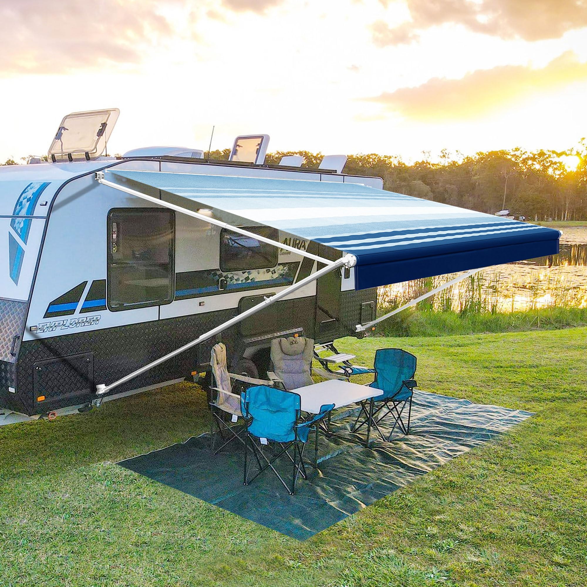 YESCAMP Manual RV Awning Complete Kit Retractable Camper Awning for RV or Trailers RV Roll Out Awning for Camper or 5th Wheel,Travel Trailers,Toy Haulers,Motohome(19Ft,White Frame,Blue Stripe)