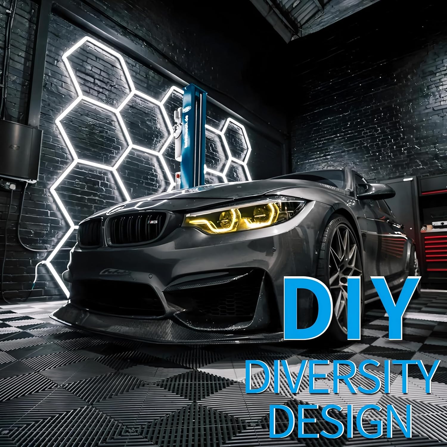 14-Hexagon LED Garage Light, 600W 60,800LM Honeycomb Ceiling Light with T5 Tube Rectangle, 6500K Ultra Bright Hexagon Light for Garage, Auto Detailing, Workshop (57PCS Panels) 57Pcs Lights- 14 Hexagon