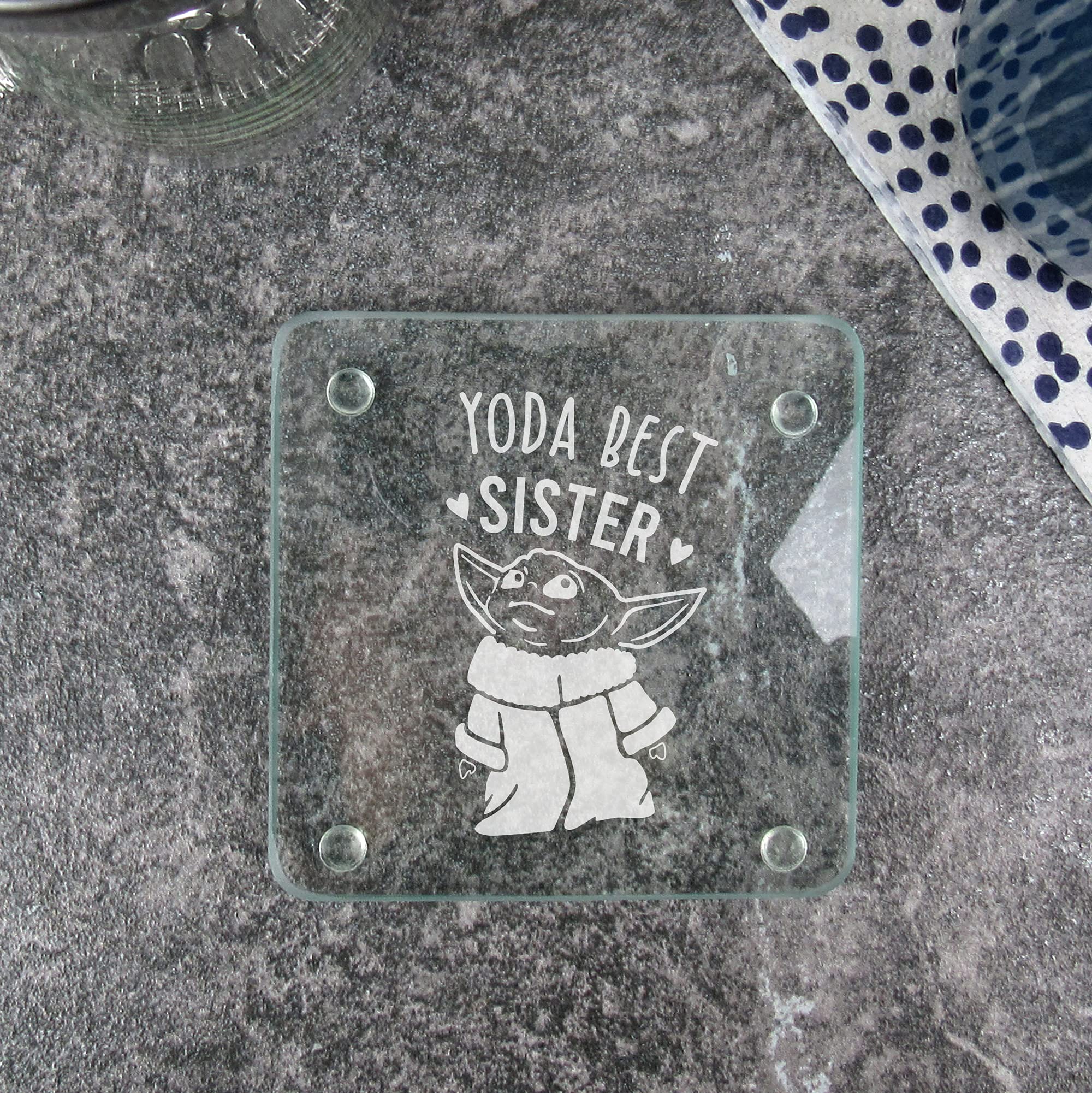 eBuyGB Personalised Square Glass Coaster, Engraved Baby Yoda Coaster, Star Wars Themed Drinks Mat, Funny Gifts from Sister