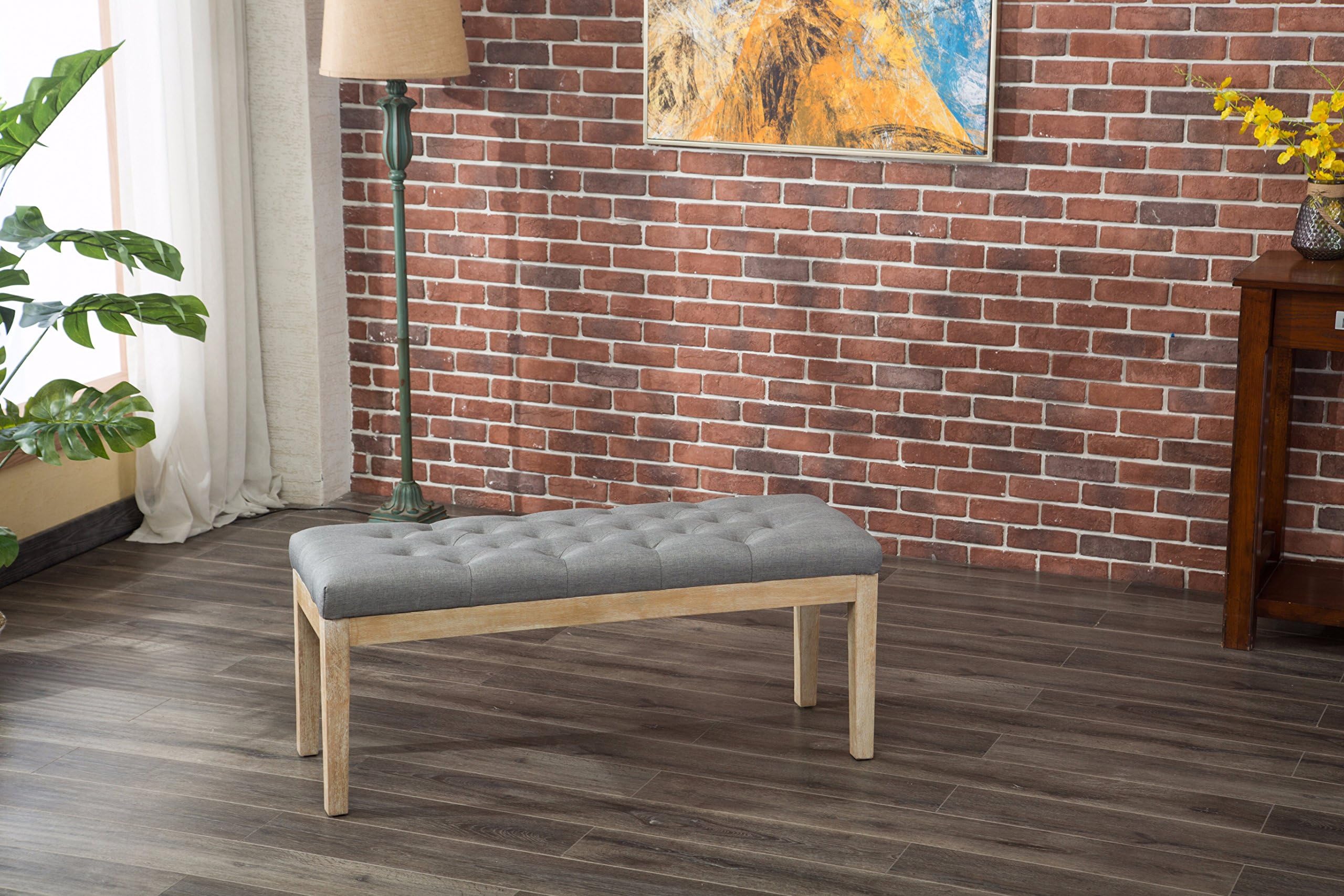 Roundhill FurnitureMod Urban Style Solid Wood Button Tufted Fabric Dining Bench, Grey