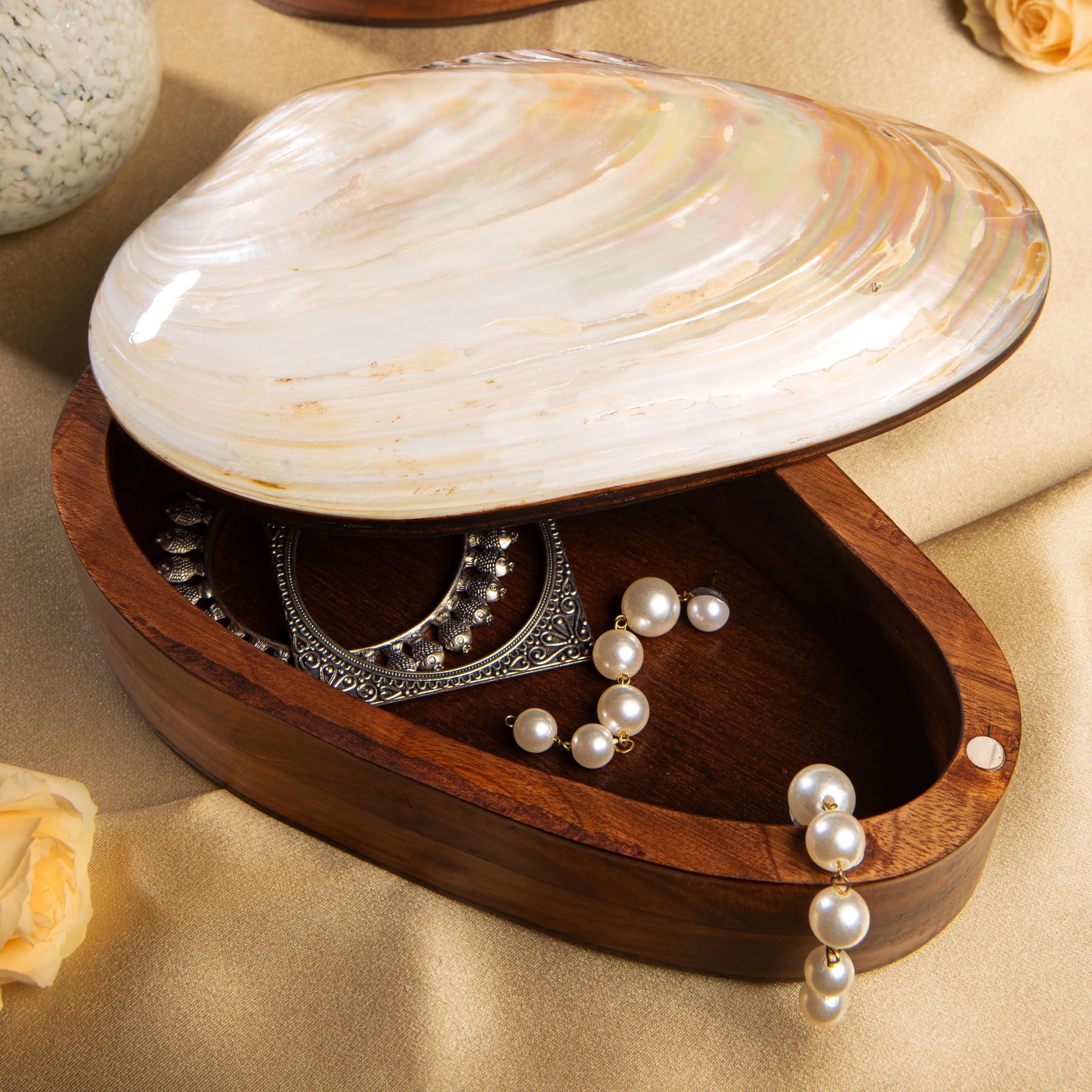 Sajawa Sea Shell & Wooden Gift Box – Elegant Handmade Decorative Jewelry & Trinket Organizer, Coastal Style Keepsake Storage Pearl Shell Box for Gifting-SunrayVenus-9 inches-image-12