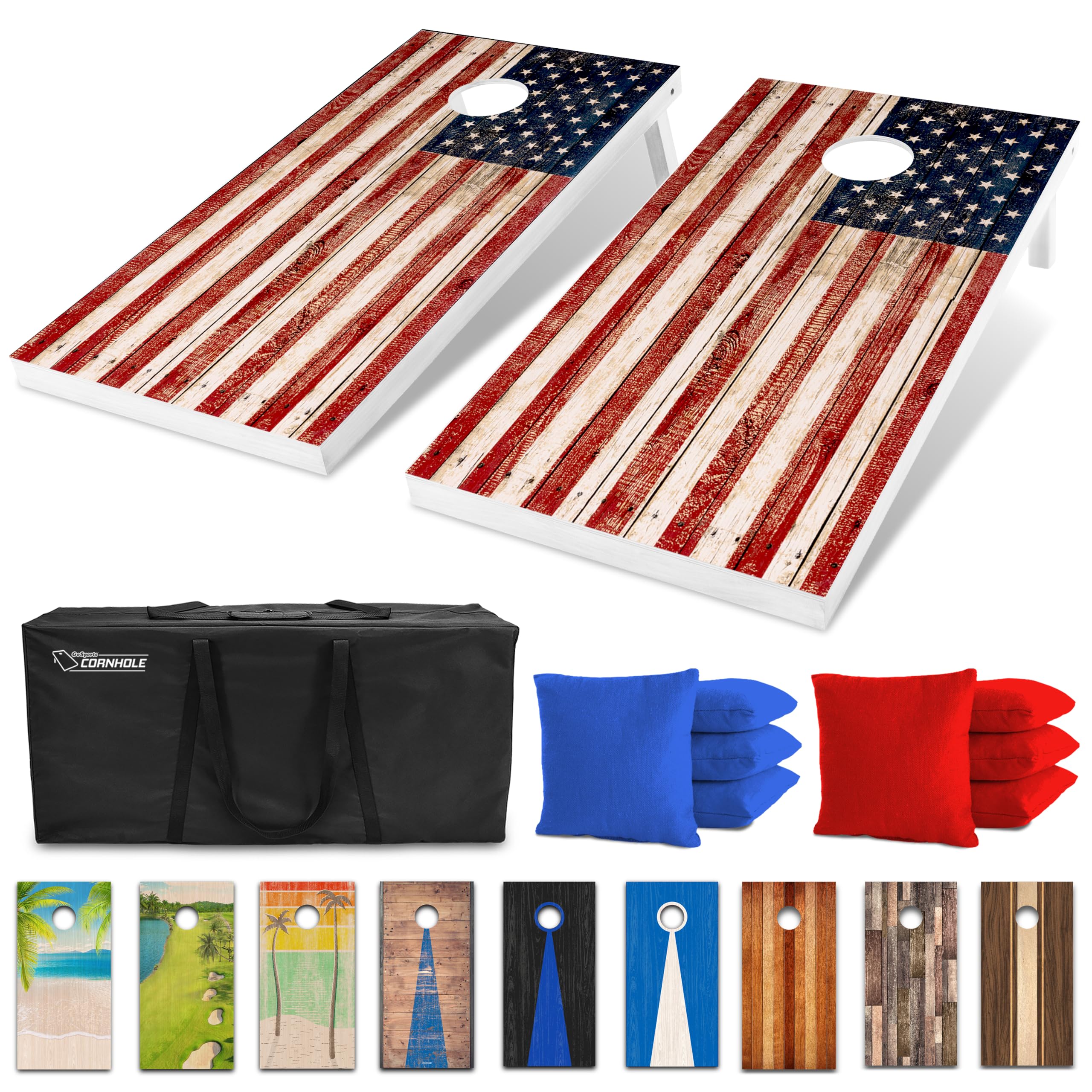 Photo 1 of GoSports 4 x 2 ft Regulation Size Wood Cornhole Board Set - Rustic American Flag Design, Includes 2 Boards, 8 Bean Bags, Carrying Case and Game Rules
