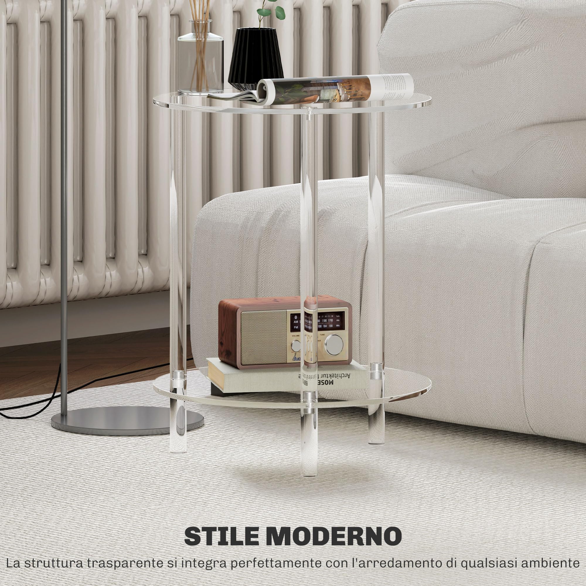 HOMCOM Tavolino Basso Rotondo 2 Livelli Acrilico Ø40x50 cm Trasparente | per Interni, Tavolino da Divano