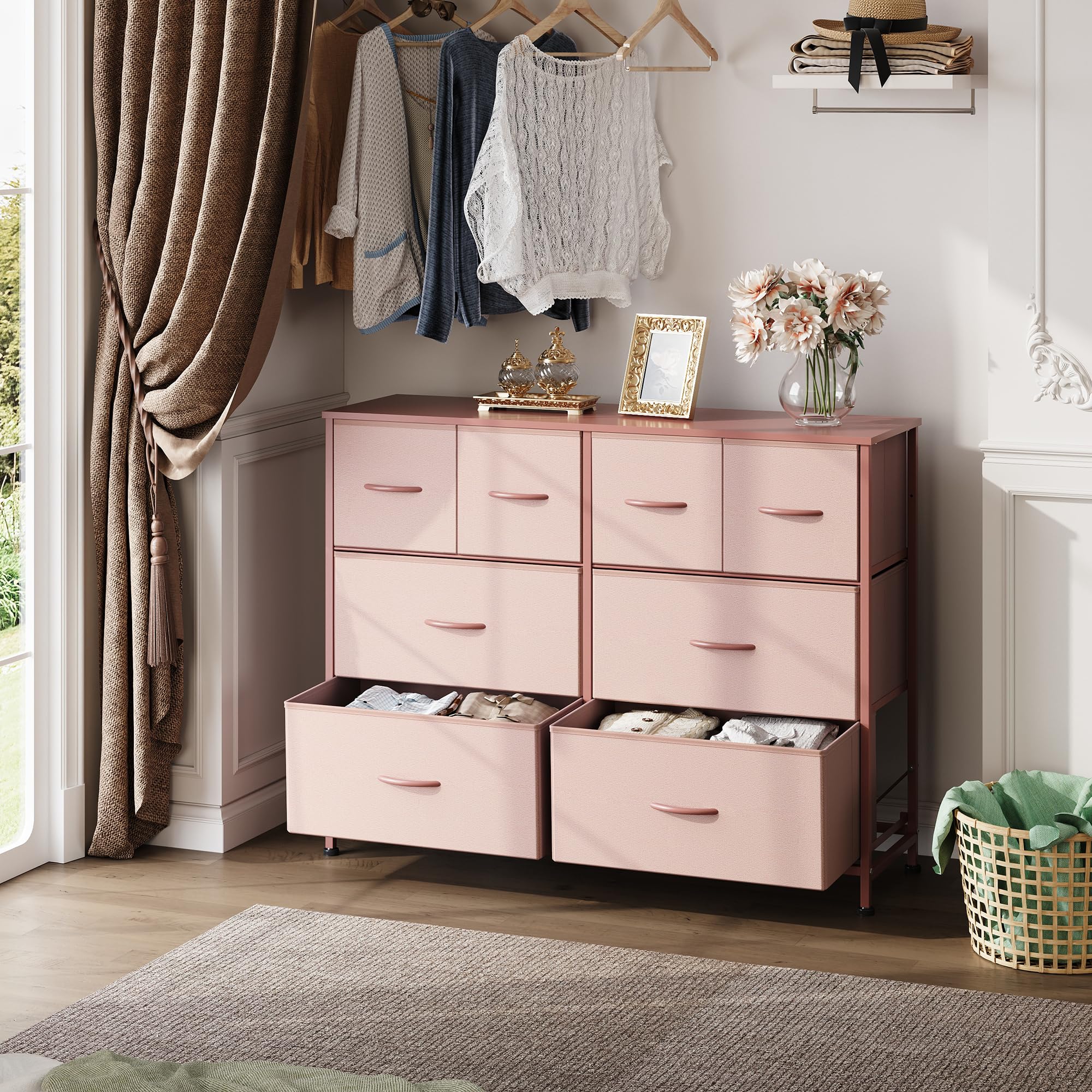 WLIVE Wide Dresser for Bedroom, 8 Drawer Chest of Drawers, Pink