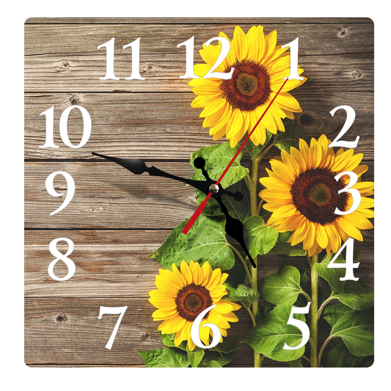 Britimes Wall Clock, Square Silent Non Ticking Clock 12 Inch, Decor for Bathroom, Bedroom, Kitchen, Office or School Sunflowers Wooden