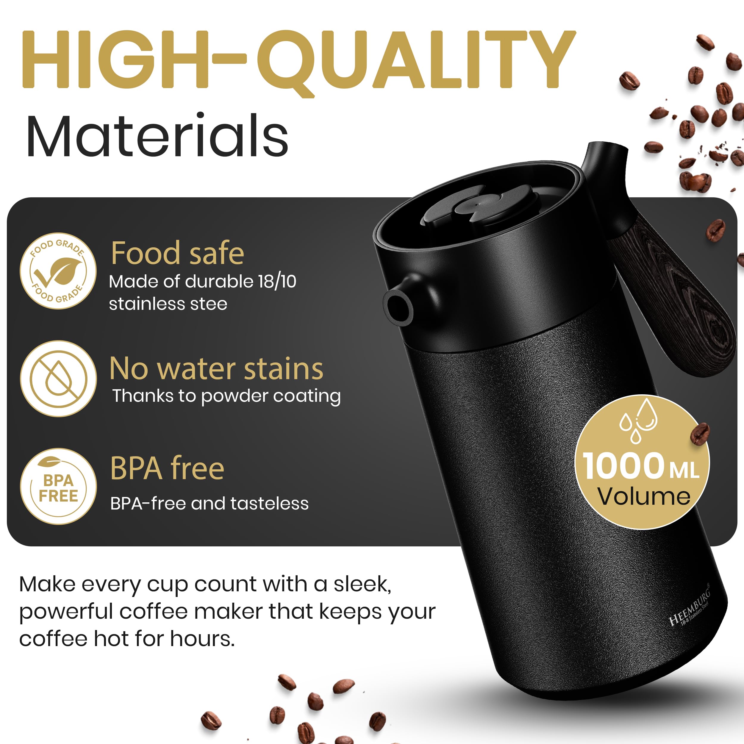 Heemburg French Coffee Press - cervecería térmica - Cafetera Francesa Doble Pared - espresso y tetera Acero inoxidable