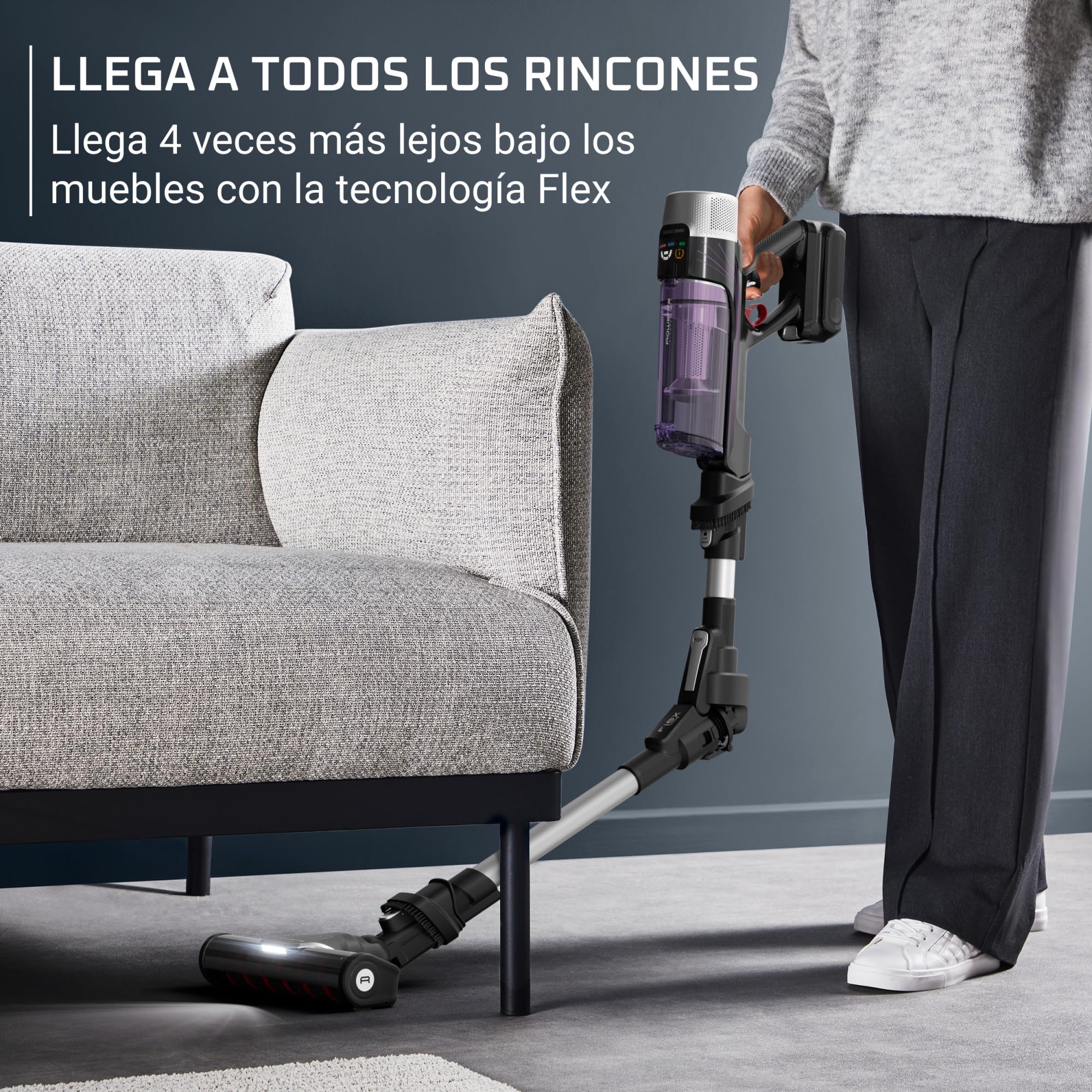 Rowenta X-Force Flex 9.60 Allergy Parquet, Aspiradora escoba sin cable, 100 W, Cepillo para Suelos Duros y Bordes, Tecnología Flex para Acceder a Rincones, Autonomía 45 Minutos, Violeta, RH2047WO