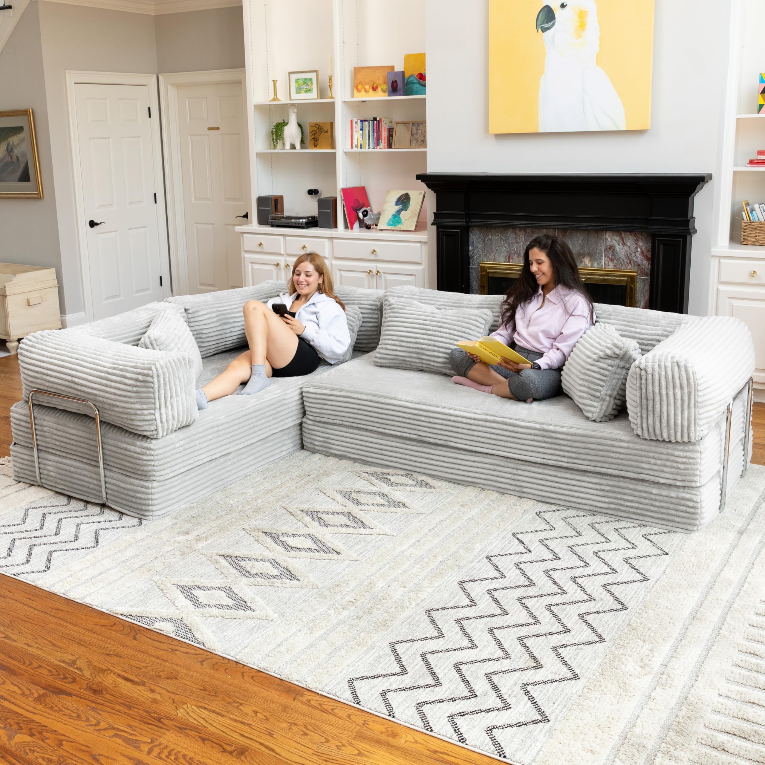 - Unsofa Modular Convertible L-Shaped Sectional Sofa with Foldable Memory Foam King Sleeper Bed – Space Saving Configurable Couch with Mega Faux Fur, Light Grey