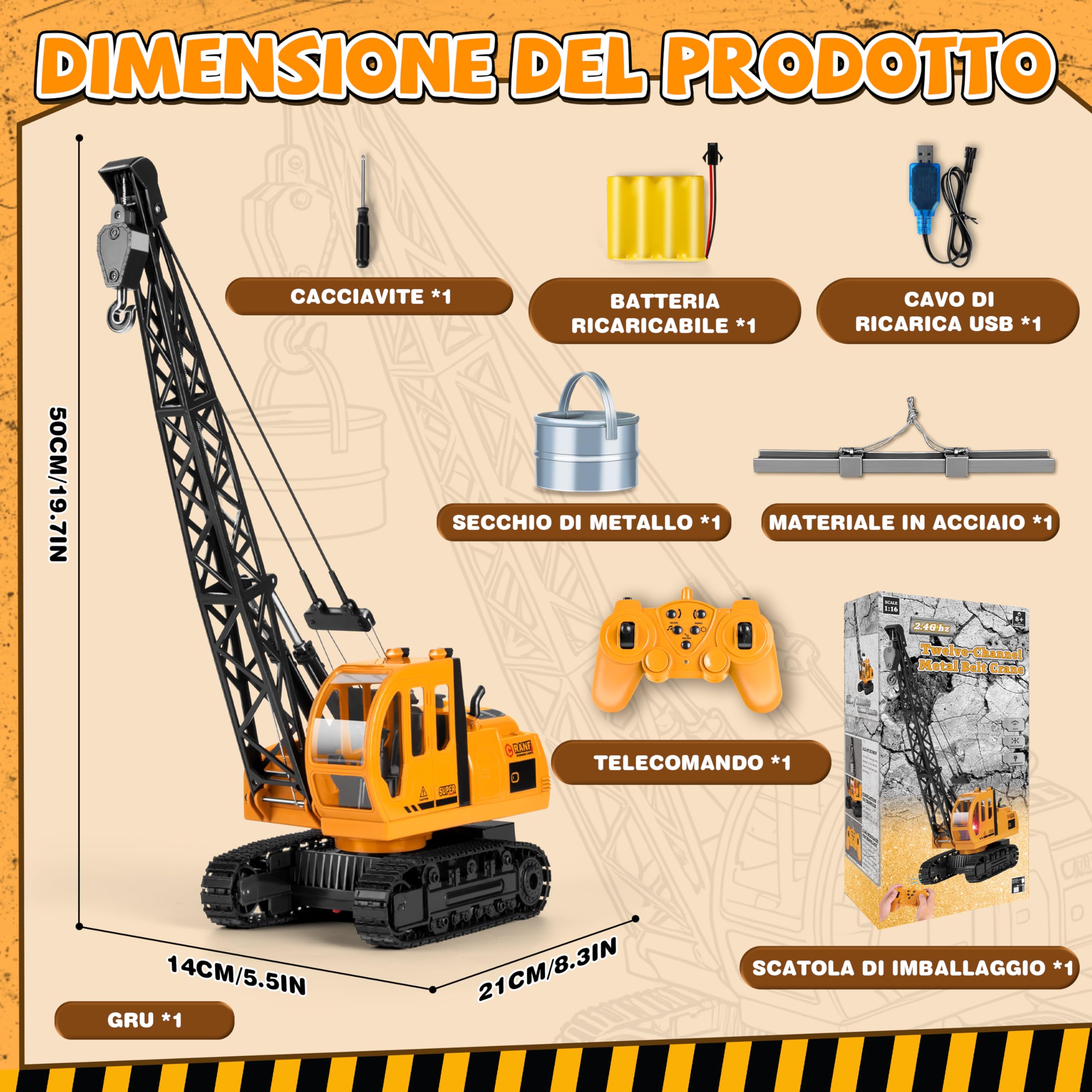 Joellfuner 1:14 Grue Gru Giocattolo per Bambinis, 2,4G Gru Telecomandata avec Lumières et Sons, Grande Grue RC con 2 Utensili, Cadeau pour Garçons de 3 à 12 Ans (Extra Grande)