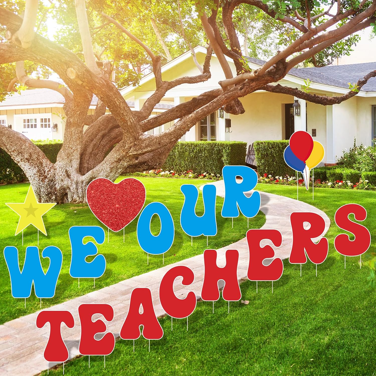 Teacher Appreciation Decorations Yard Signs 16 Pcs with Stakes Thank You Teachers Party Supplies We Love Our Teachers Star Balloon Decor for Indoor Outdoor School Lawn, Garden, Home Decor