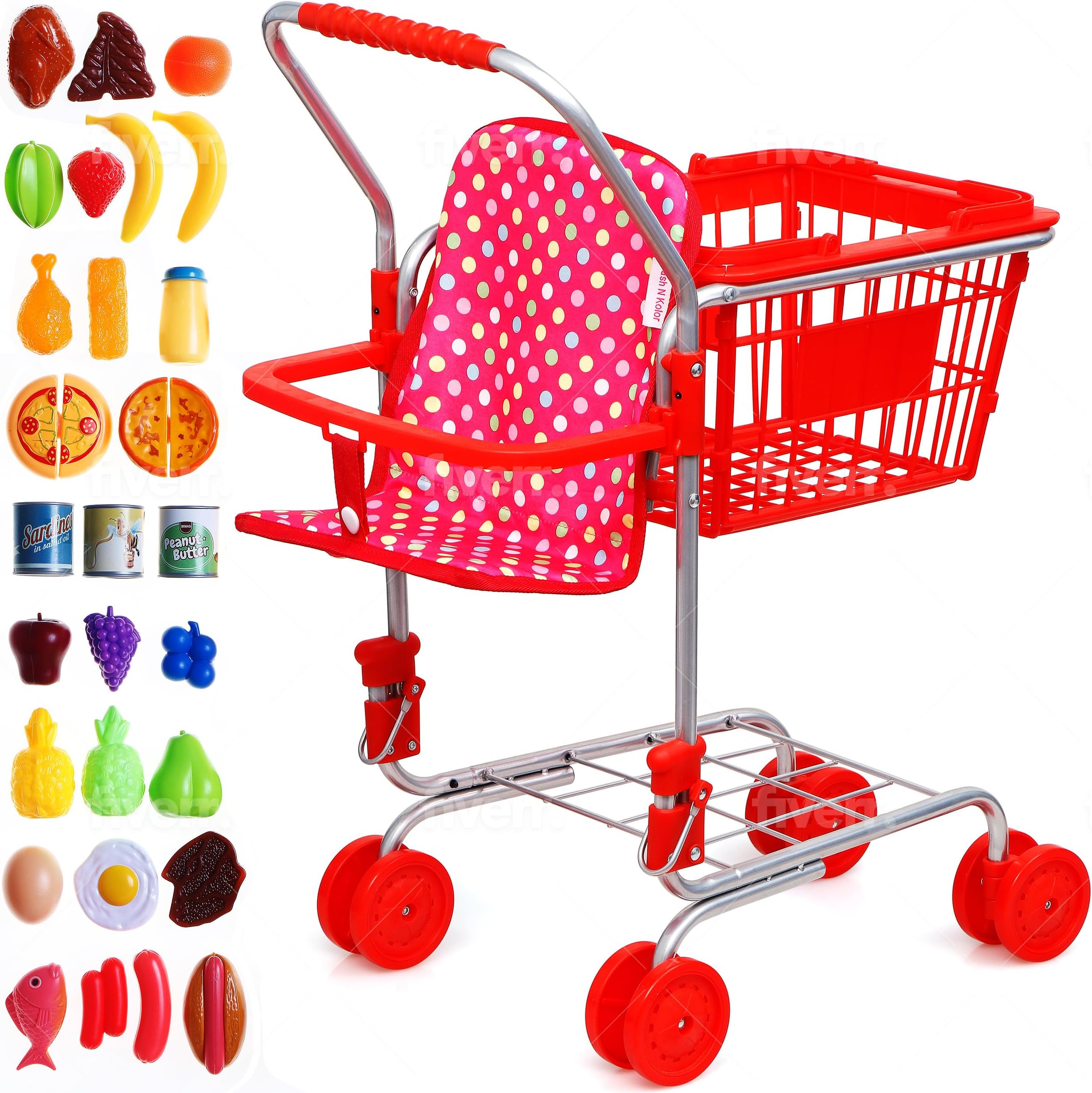 Shop 'N' Go Toy Shopping Cart for Kids and Toddler - Includes Food - Folds for Easy Storage - with Sturdy Metal Frame Pretend Play Food Role Play, Educational Toy (Doll Not Included)