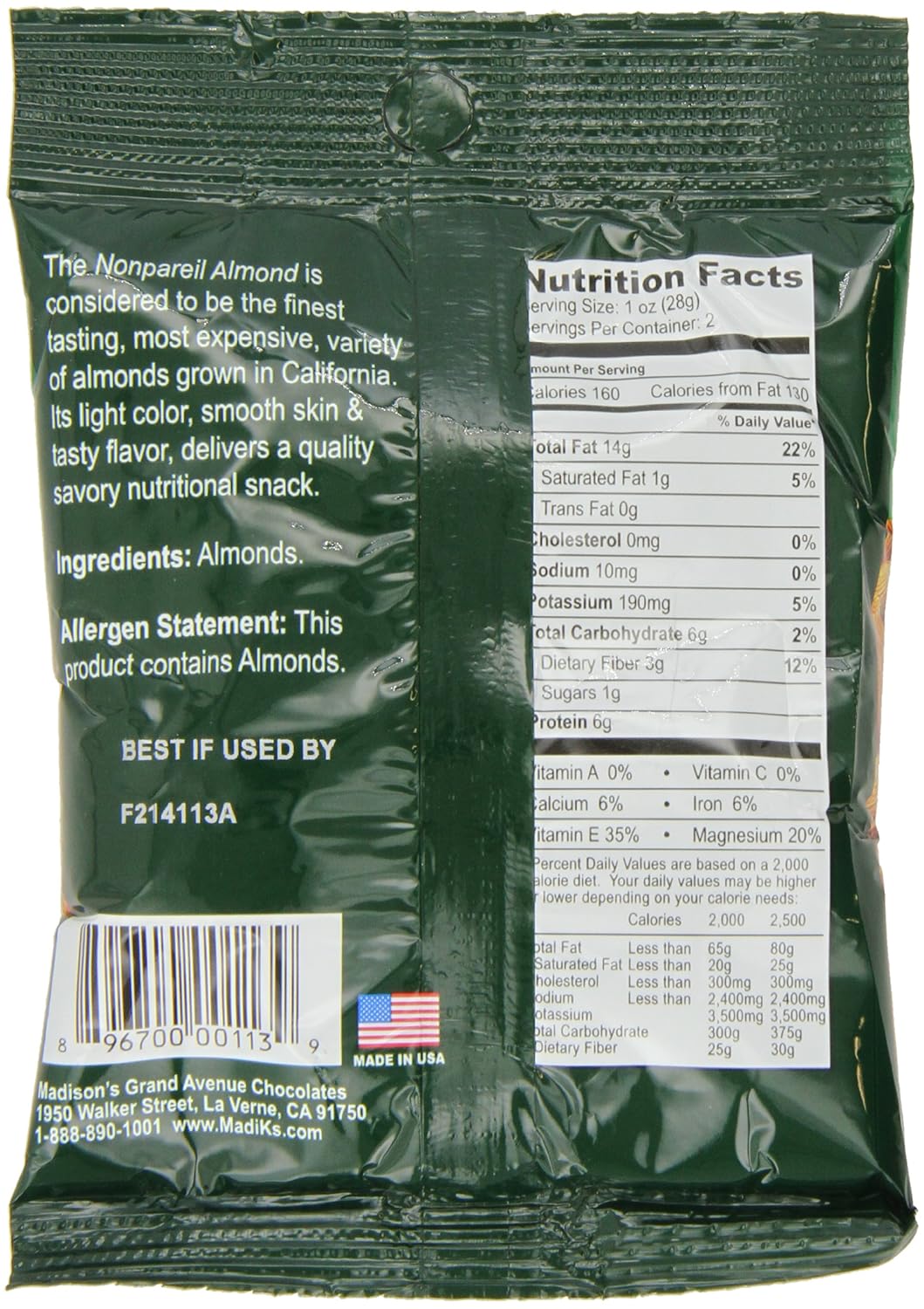 Madi K's Whole Natural Almonds, 2 Ounce (Pack of 36)